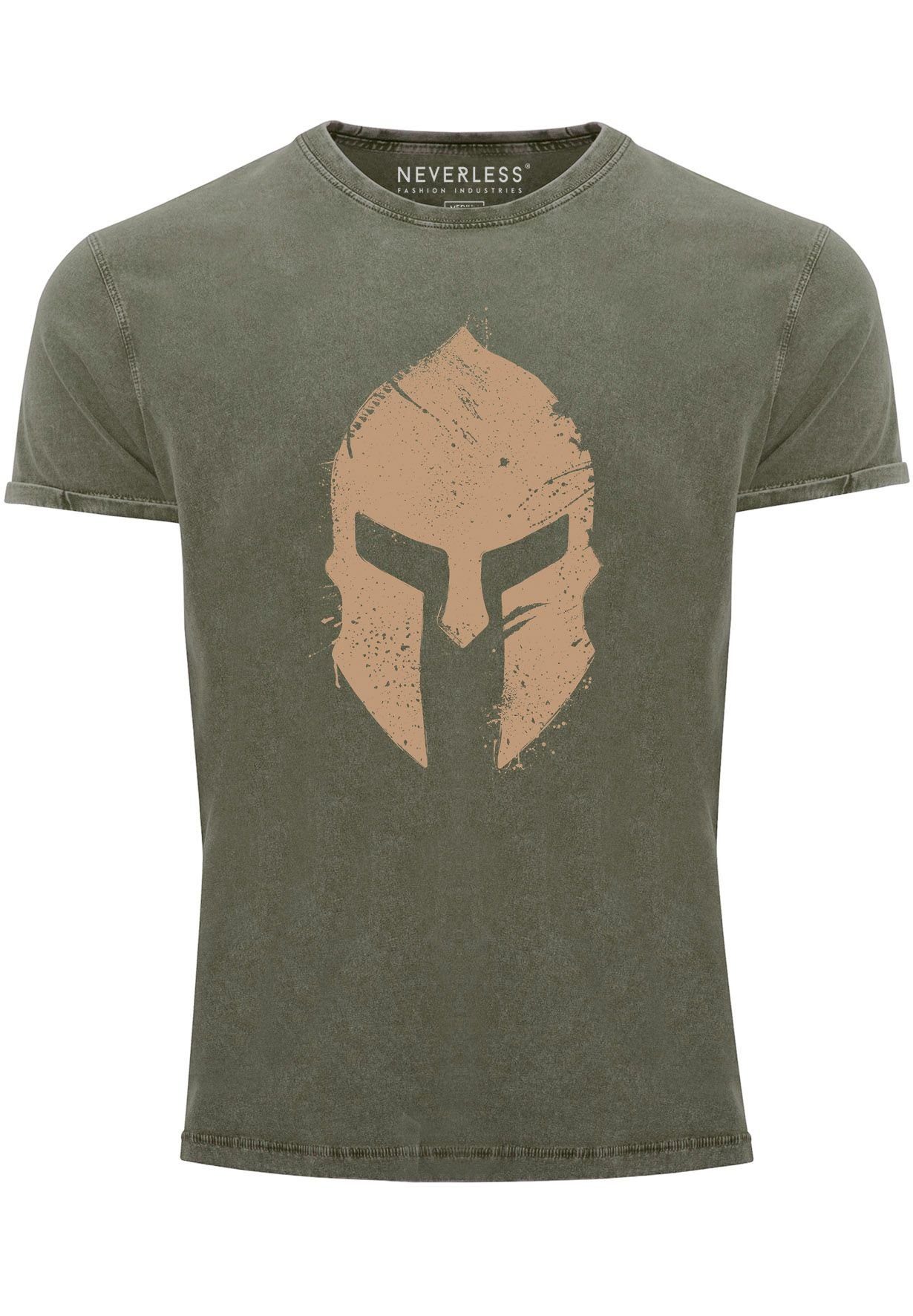 mit Vintage oliv Krieger Print Gladiator Sparta-Helm Shirt Warr Herren Aufdruck Neverless Print-Shirt Print