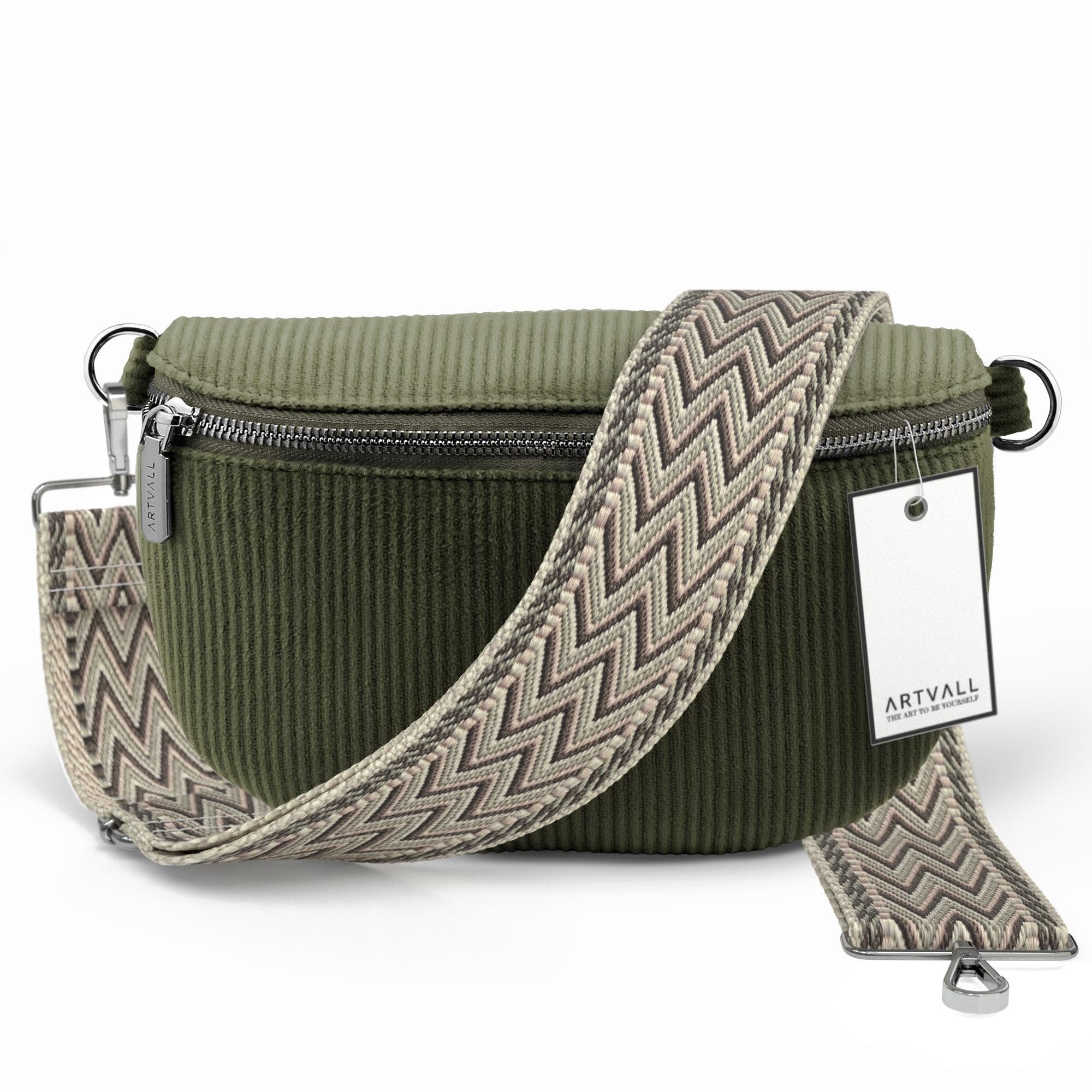 ARTVALL Umhängetasche Cord Handtasche Brusttasche Crossbody Bag Olivgrün (Tasche inkl. Taschenband), Bauchtasche Cord weich mit Schultergurt abnehmbar Hüfttasche Klein