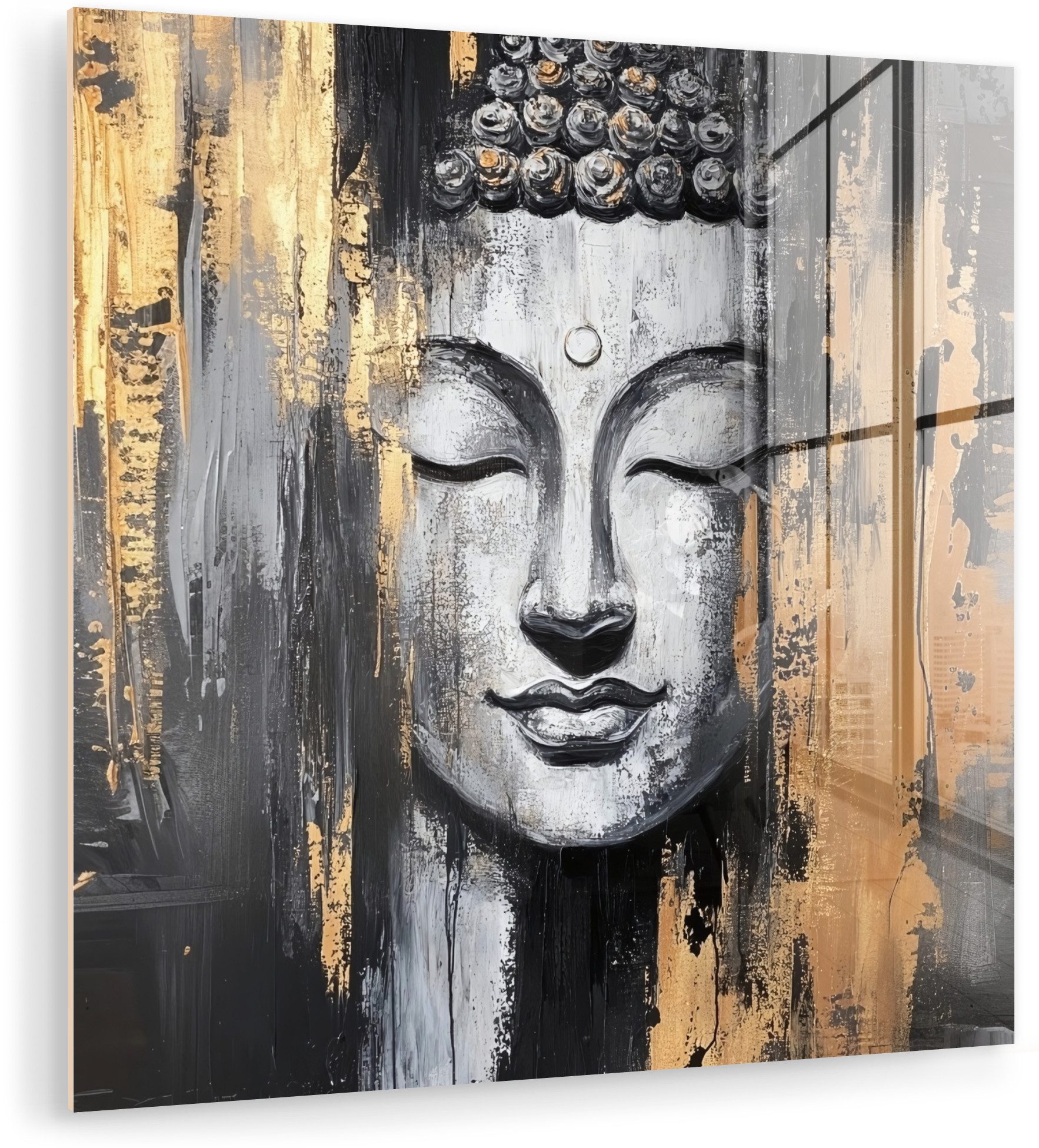 MuchoWow Acrylglasbild Buddha - Pinselstriche - Gold - Abstrakt, Inkl. Aufhängung, Bilder auf Glas Wandbild, Wanddeko Wohnzimmer Badezimmer, 20x20 cm