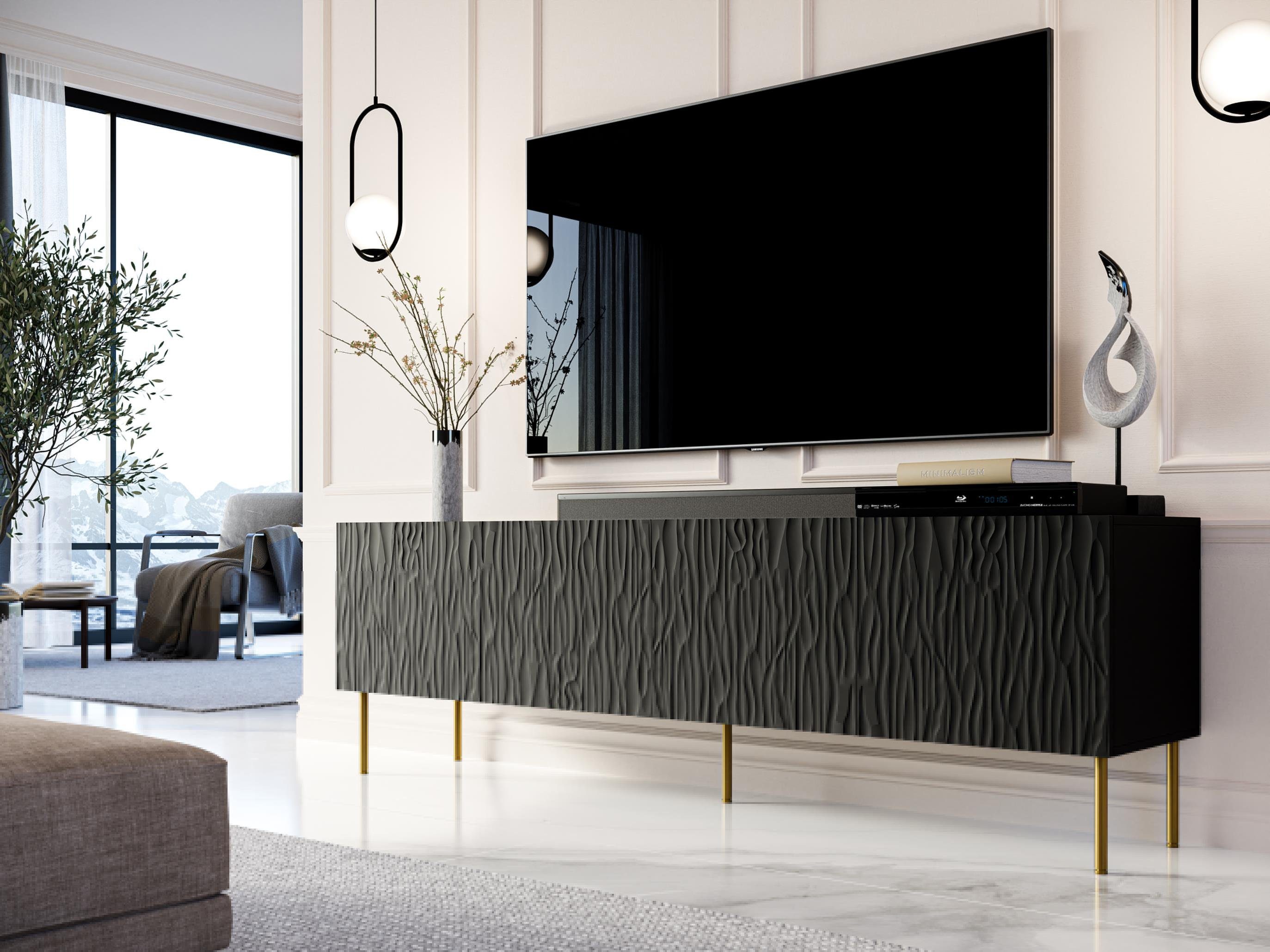 Furnix TV-Schrank GLEYA 190 Fernsehschrank mit gefrästen Fronten multifunktionell Schwarz Struktur