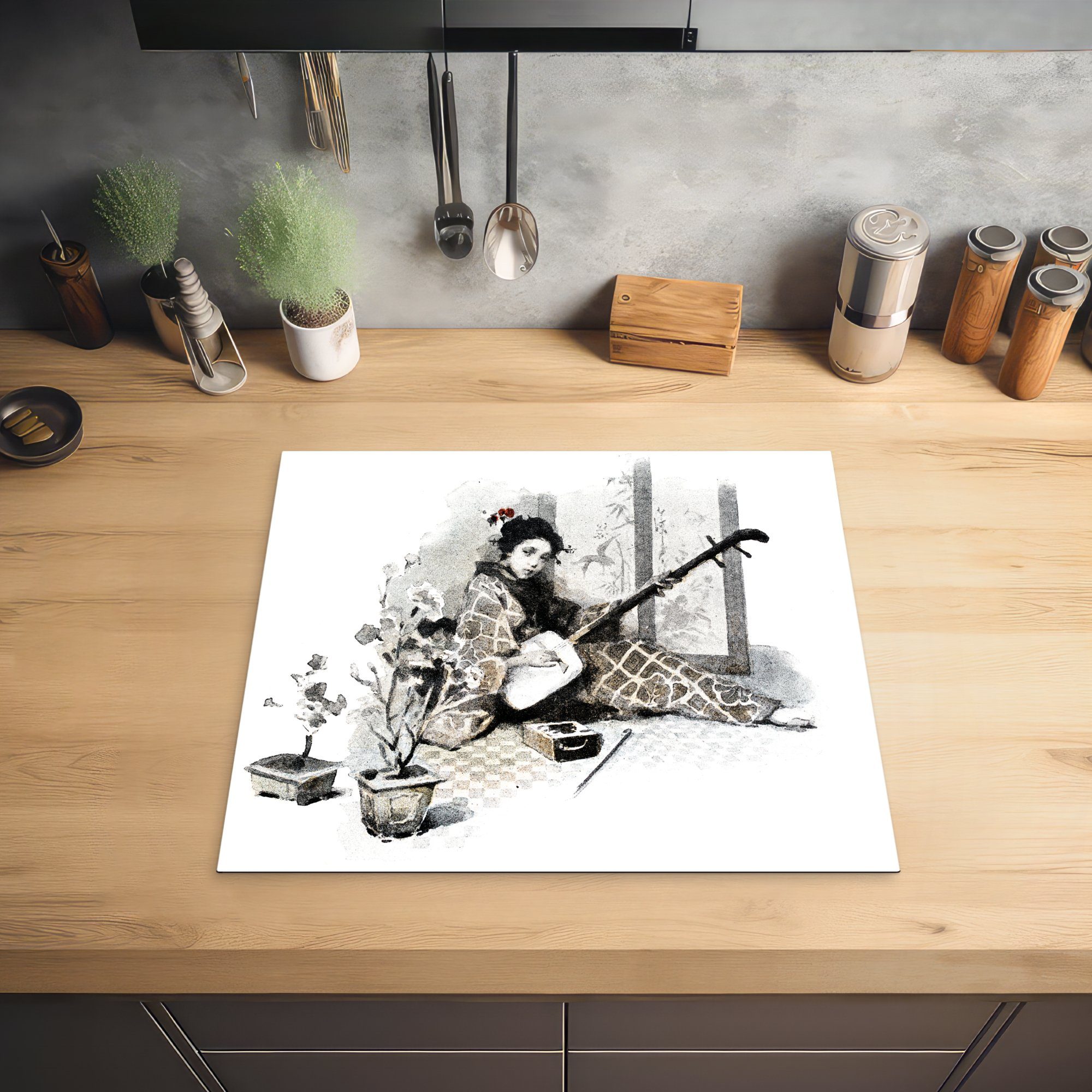 Gitarre, Herdblende-/Abdeckplatte 60x52 cm, Illustration Vinyl, mit Frau tlg), Mobile print Dot Aquarell japanischer (1 Ceranfeldabdeckung MuchoWow Arbeitsfläche nutzbar,