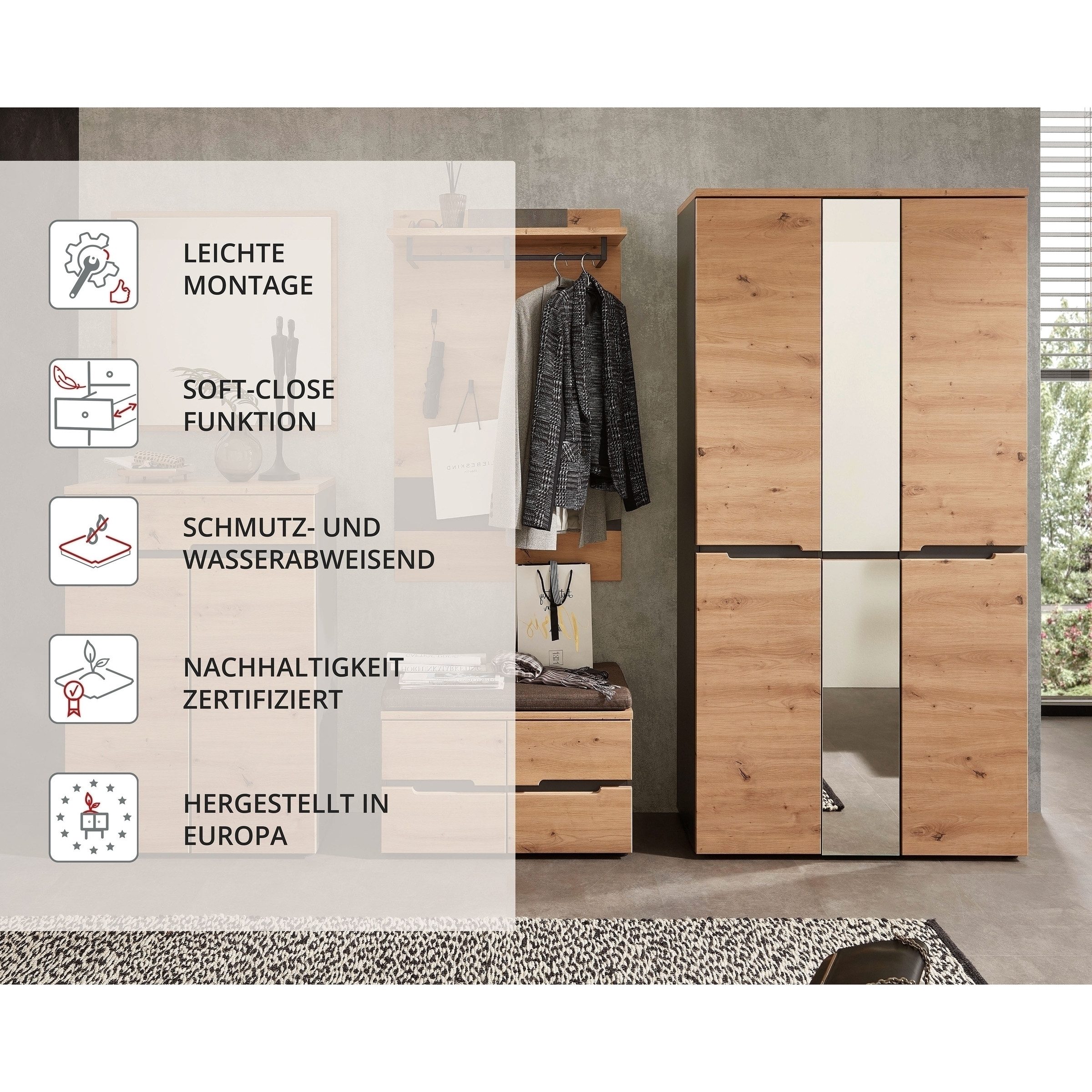 freiraum Garderoben-Set Memphis, (3-teilig) Artisan Eiche Dekor / Graphit - 185x192x38 (BxHxT)