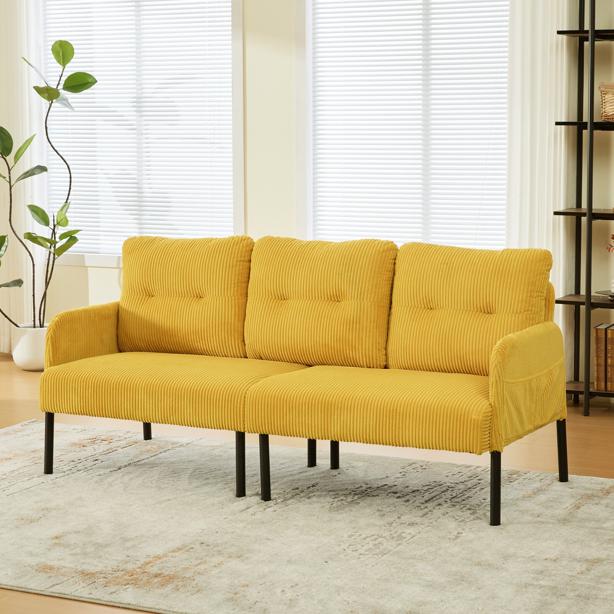 STILVORA Loungesofa Dreisitzer Cordsofa mit hoher Rückenlehne und Seitentaschen Gelb, Relaxsofa mit Stabile Metallfüße und robuste Konstruktion, Tiefe und breite Sitzfläche