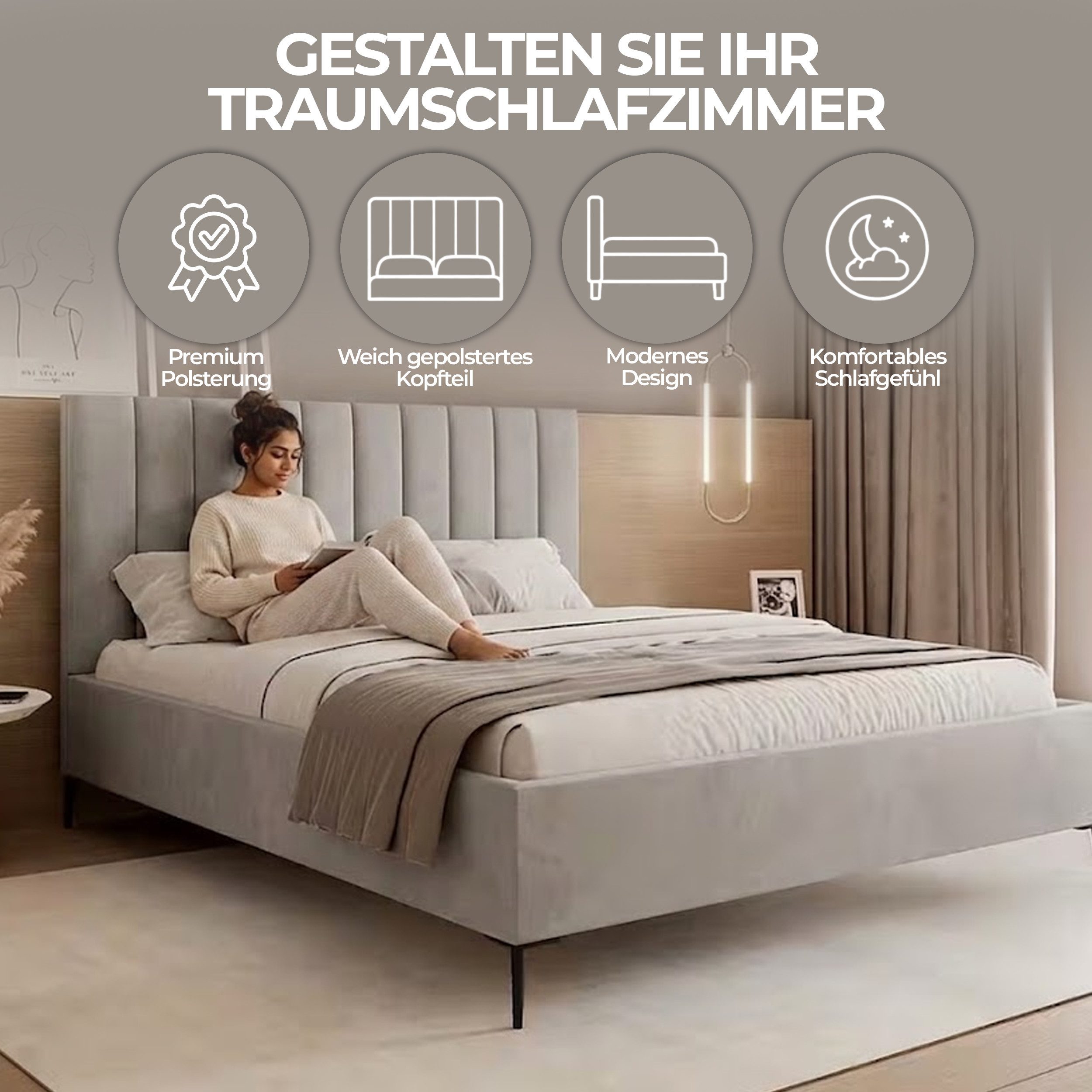 Goldstoff Polsterbett Elegantes Bett "AUREO" mit hohem Kopfteil & Stauraum für Schlafzimmer (120–200x200 cm, Kopfteilhöhe: 90/110 cm, Seitenhöhe: 25/40 cm), Mod – Bild 4 von 5