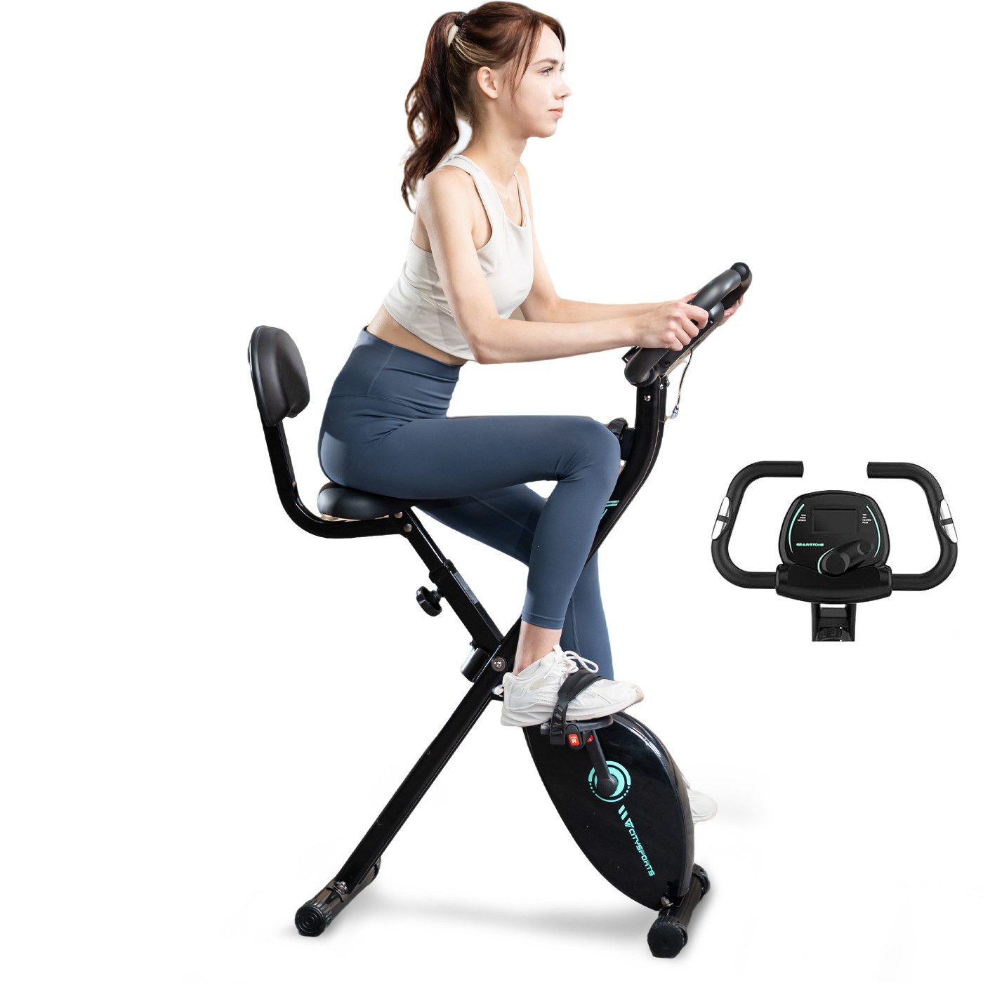 CITYSPORTS Heimtrainer X-Bike klappbar für Zuhause, LCD-Display mit Pulsmessung, Rückenlehne, 8 Widerstandsstufen, Magnetbremse, bis 120 kg, mit Transportrollen