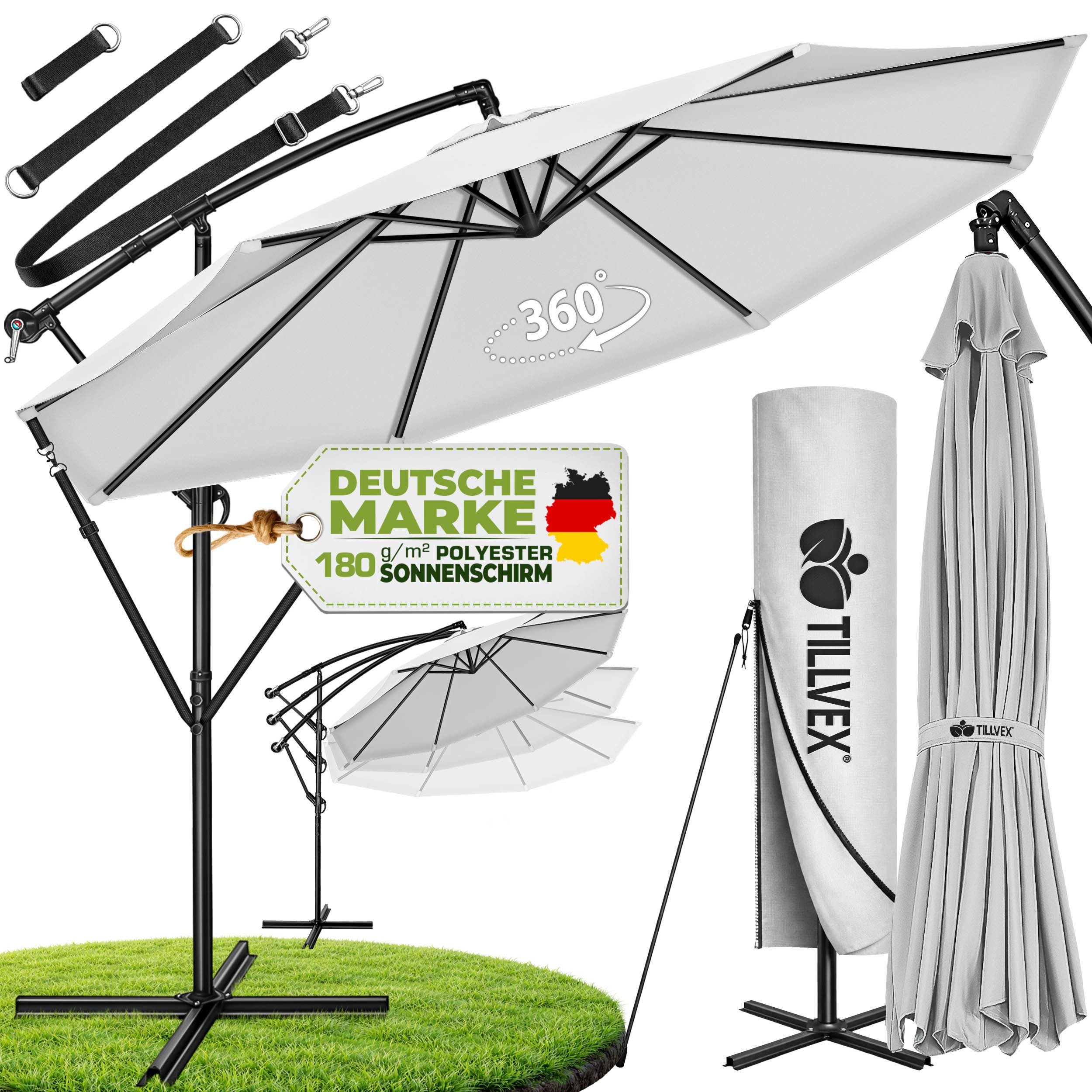 tillvex Sonnenschirm 300-350 cm Kurbel Ampelschirm mit Ständer, Abdeckung & Windsicherung, Gartenschirm UV-Schutz Aluminium