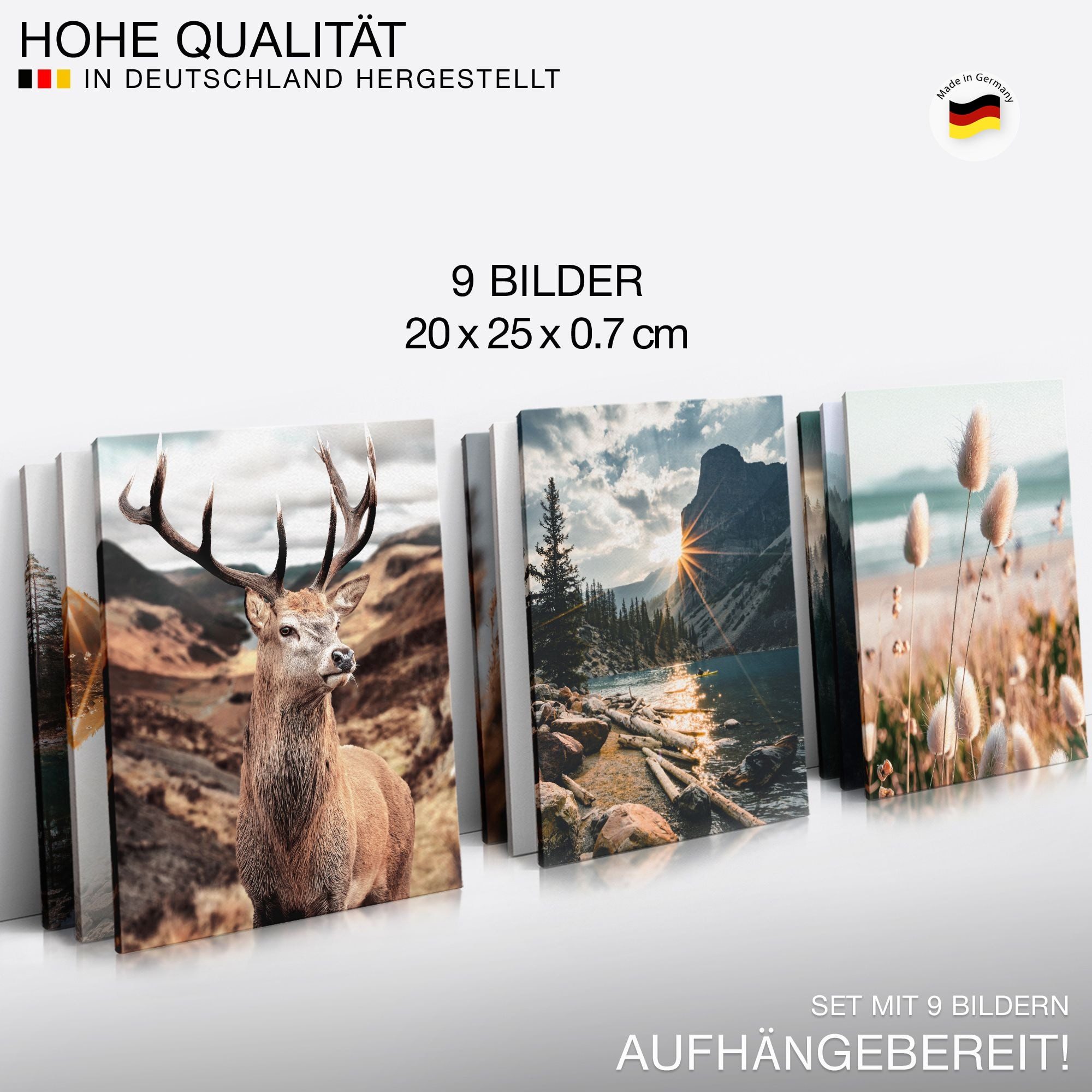 Novart Wandbild Wandbilder Set Wohnzimmer Wald Hirsch Natur Berge, (9 St)