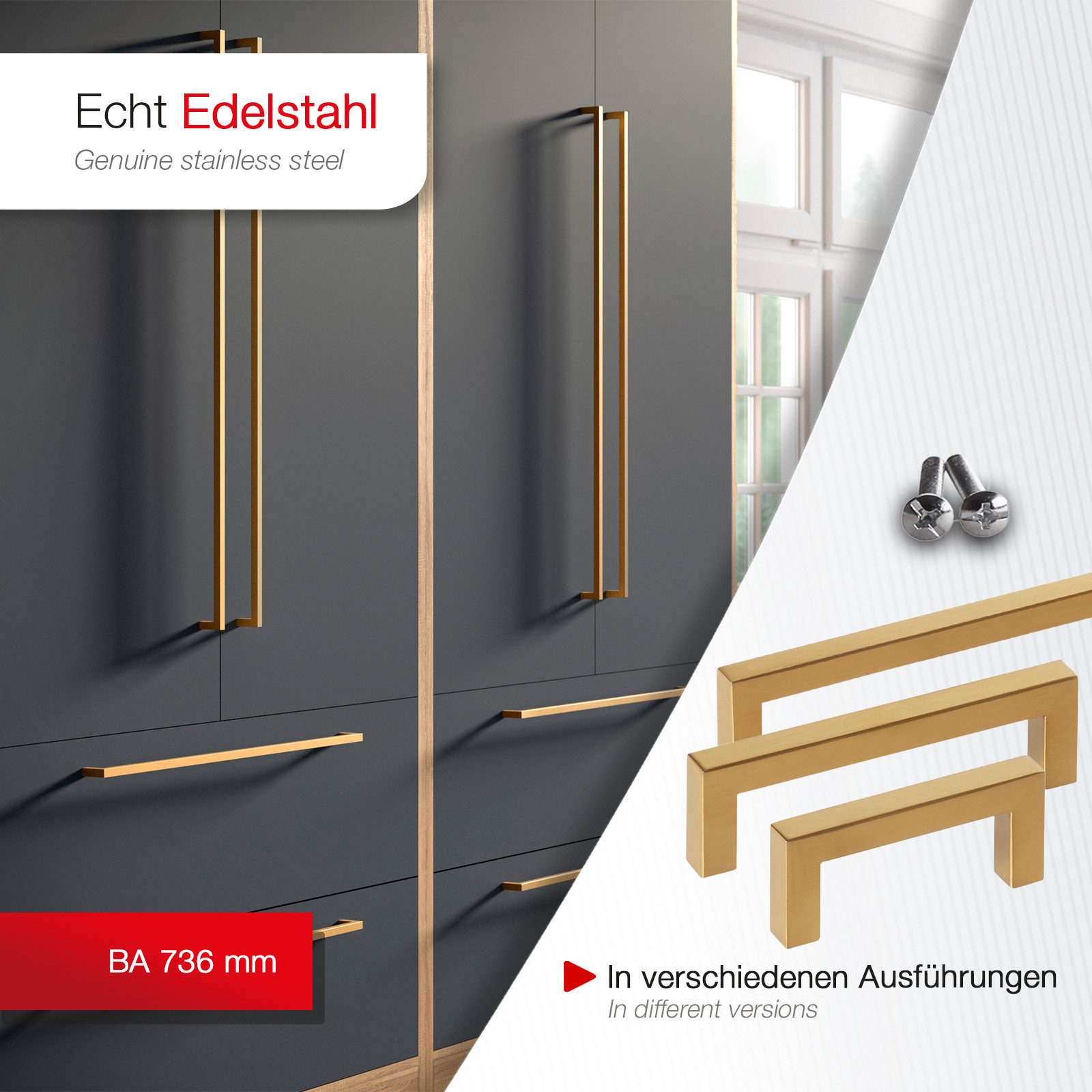 SO-TECH® Möbelgriff Stangengriff E8, aus echt Edelstahl, Profil eckig 10x10 mm (1-St), goldfarbig, Bohrlochabstand 736 mm, mit Schrauben
