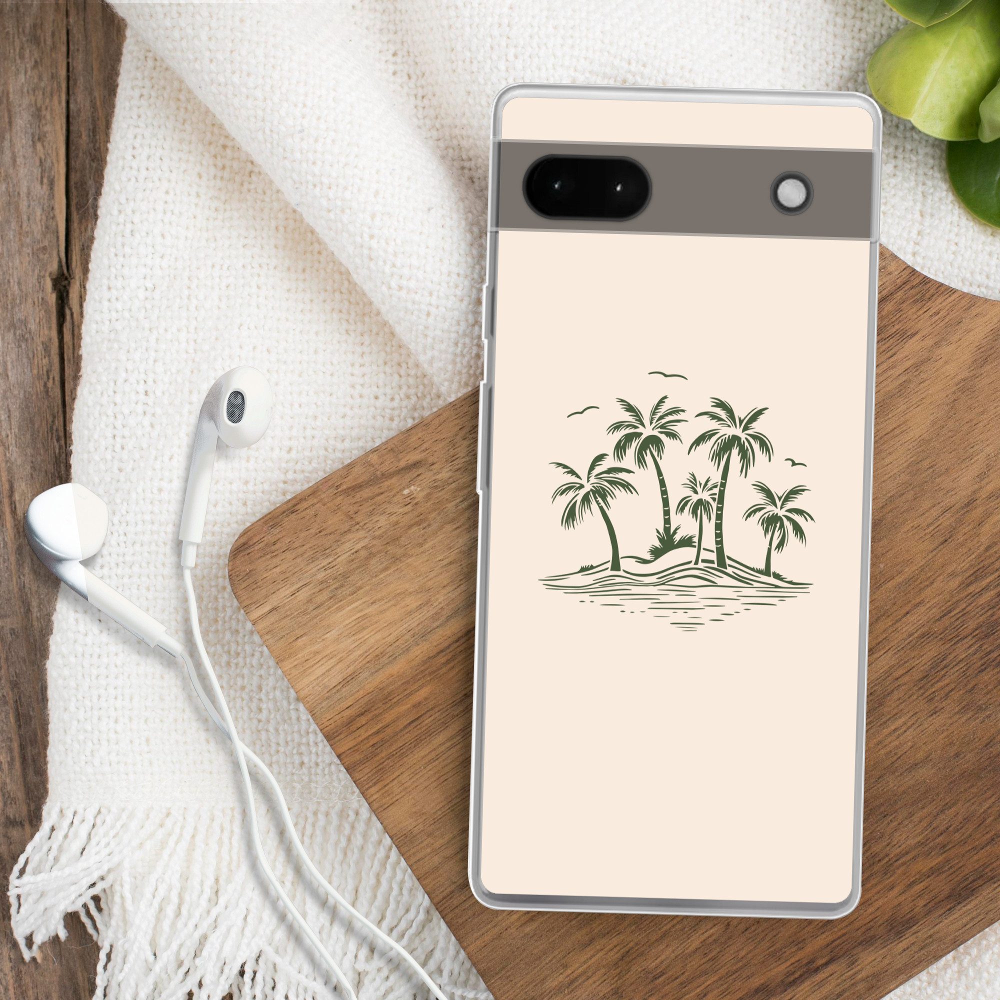 MuchoWow Handyhülle für Google Pixel 6a Palmen - Strand - Beige - Grün - Tropisch, Phone Case, Silikon, Schutzhülle Dünn