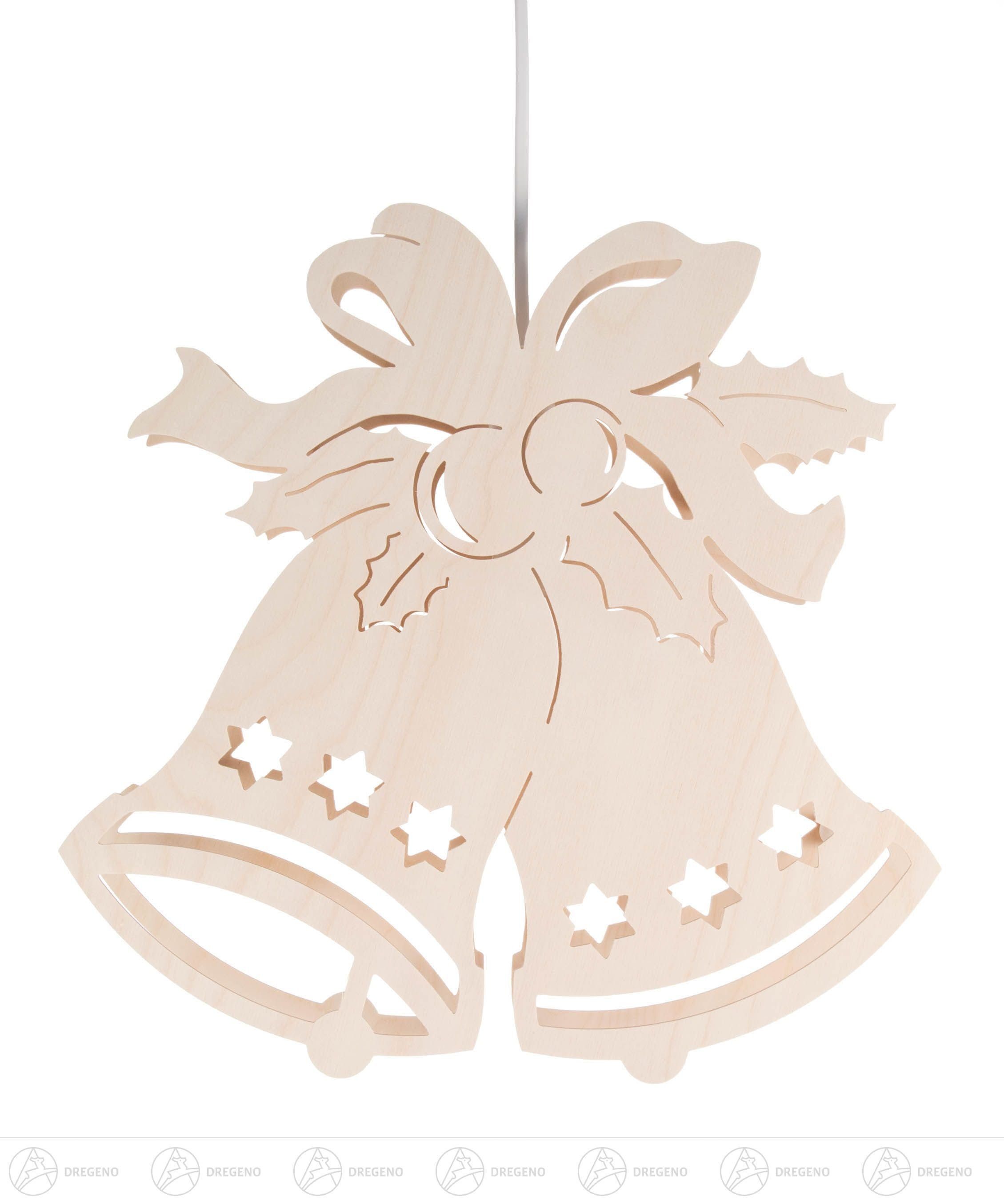 Dregeno Erzgebirge Beleuchtetes Fensterbild Fensterschmuck Fensterbild Glocken mit Schleife, elektr. Beleuchtung