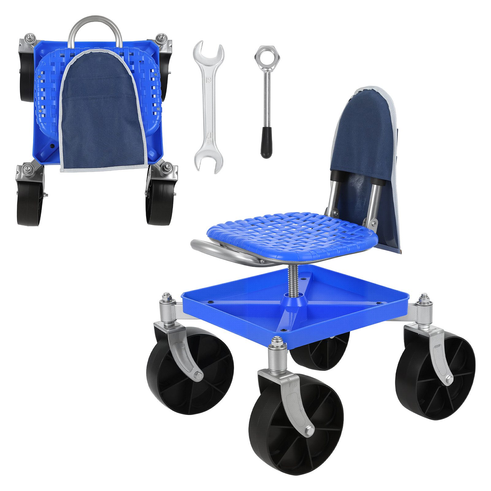 Rutaqian Rollsitz Fahrbarer Gartensitz bis 150 kg, Schubkarre Höhenverstellbar 51-61 cm (1 St, Gartenhocker), 360° Drehbarer Arbeitshocker mit Stauraum für Garten, Balkon, Blau