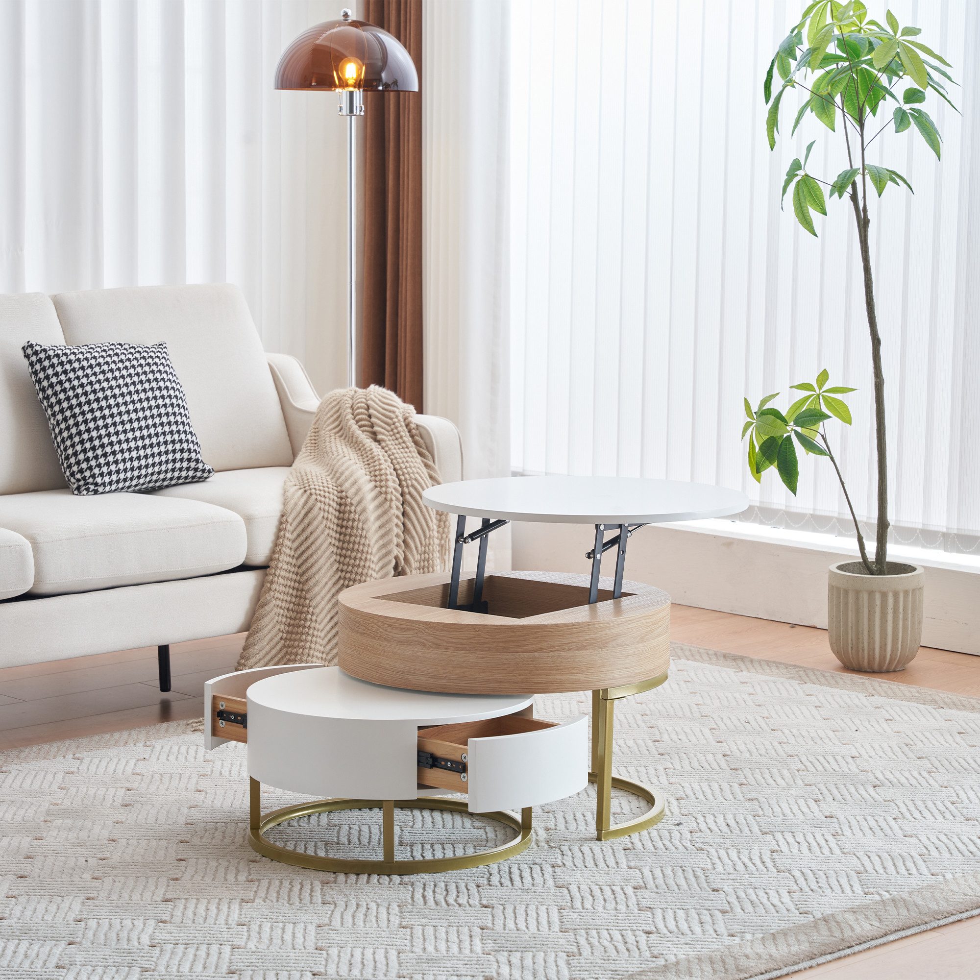 HAUSS SPOLE Couchtisch 2er-Set hochklappbare Couchtisch mit zwei Schubladen Weiß und natur (2-St., 2 Schubladen), mit goldenen Metallrahmen, ausziehbarer Tischplatte