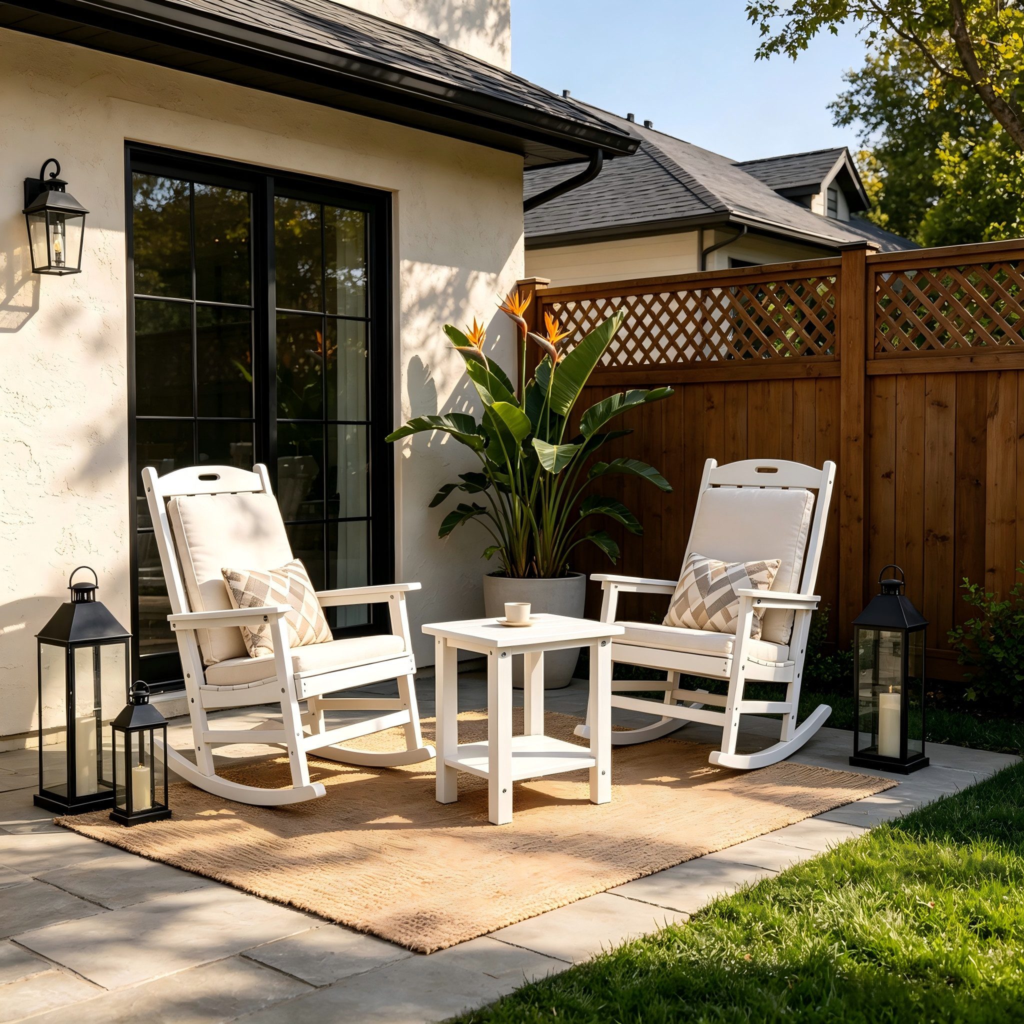 WILLIAMSPACE Schaukelstuhl 3‑teiliges Schaukelstuhl‑Set mit Beistelltisch für Garten & Balkon, Dreiteiliges Set – zwei Schaukelstühle, ein Beistelltisch