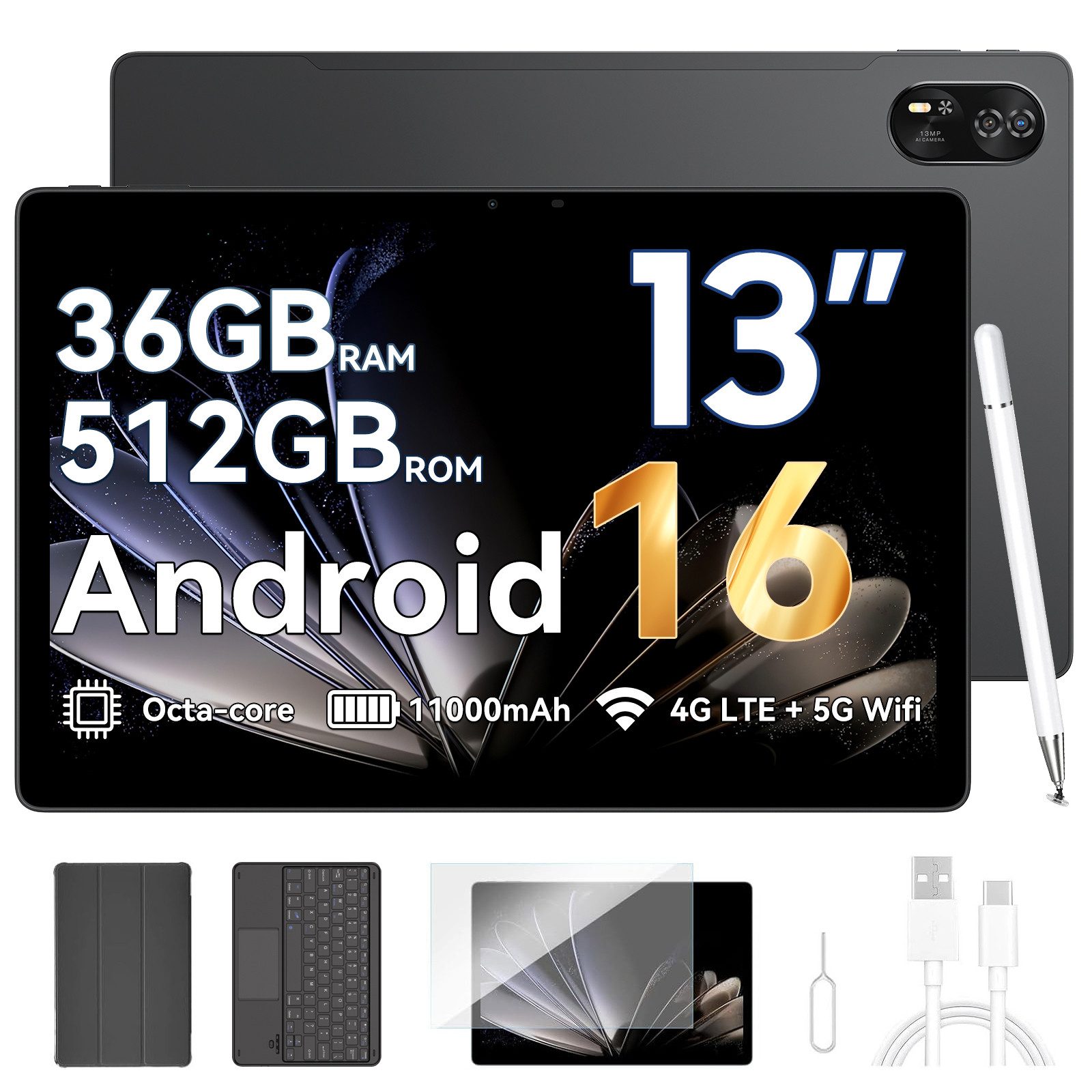 blackview Mega8 13' 4G LTE Android 16 12GB+512GB/256GB incl. Stift/Hülle Tablet (13", 256 GB, 4G(LTE), 13 zoll, Android 16, 50MP, 11000mAh, 4G LTE, T620, 256/512GB)