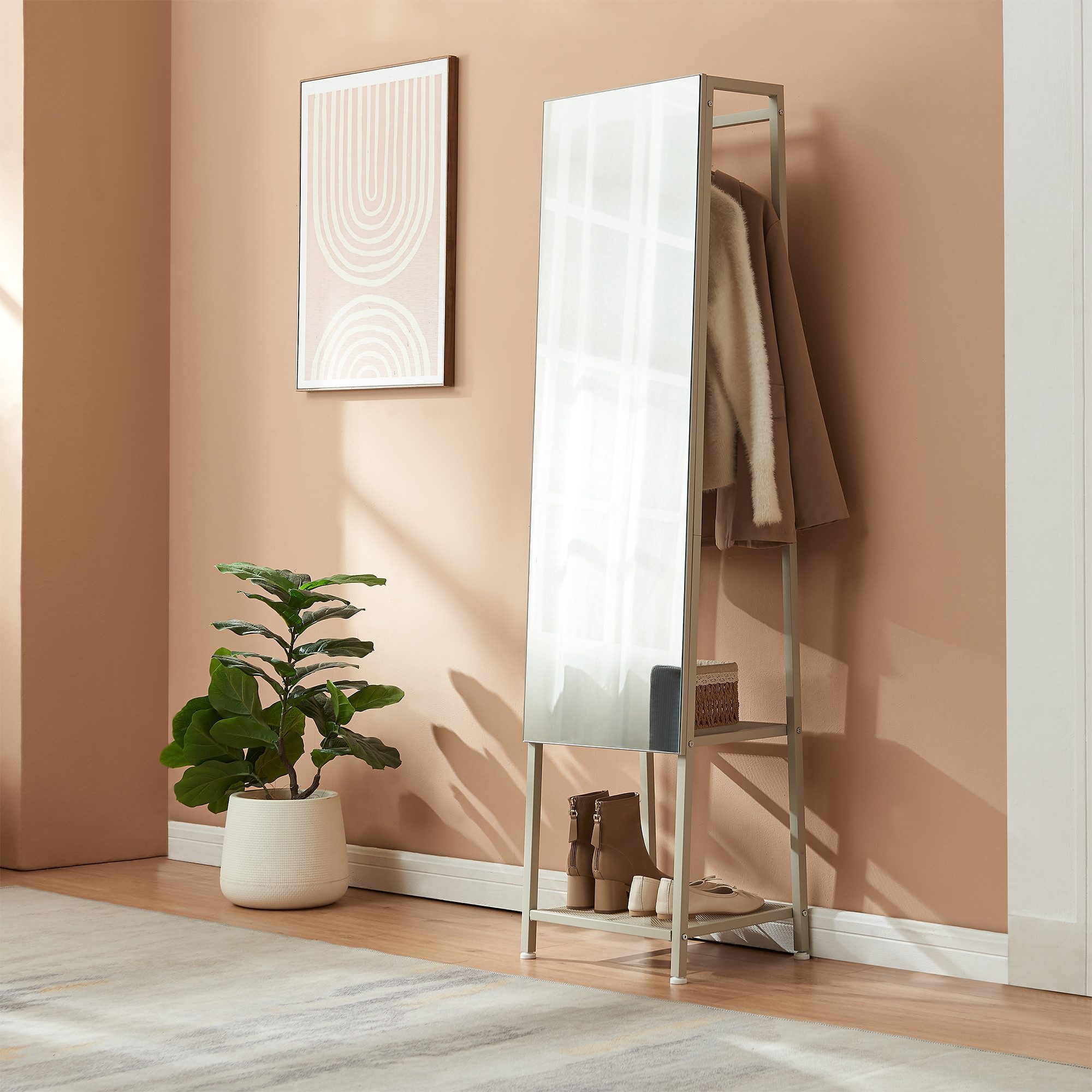 en.casa Ganzkörperspiegel, »Klilbojle« mit Kleiderstange und Ablagen 160x40x35 cm Sandfarben