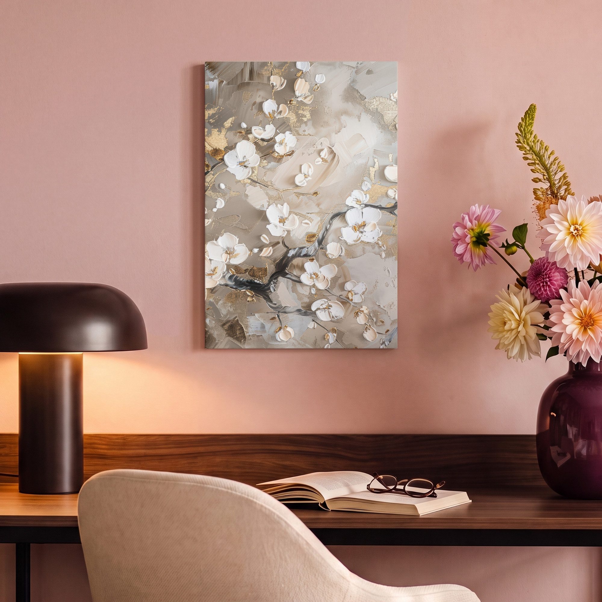 OneMillionCanvasses® Leinwandbild Blumen - Weiß - Gold - Beige - Luxus, Fotodruck (1 St), Wandbild, Deko Schlafzimmer Wohnzimmer Flur 20x20 cm – Bild 4 von 5