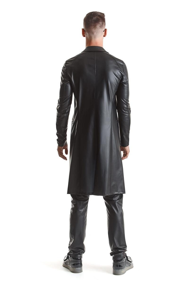 Regnes Fetish Planet Lederimitatmantel Herren Mantel schwarz aus Wetlook-Material Trenchcoat mit Taschen und