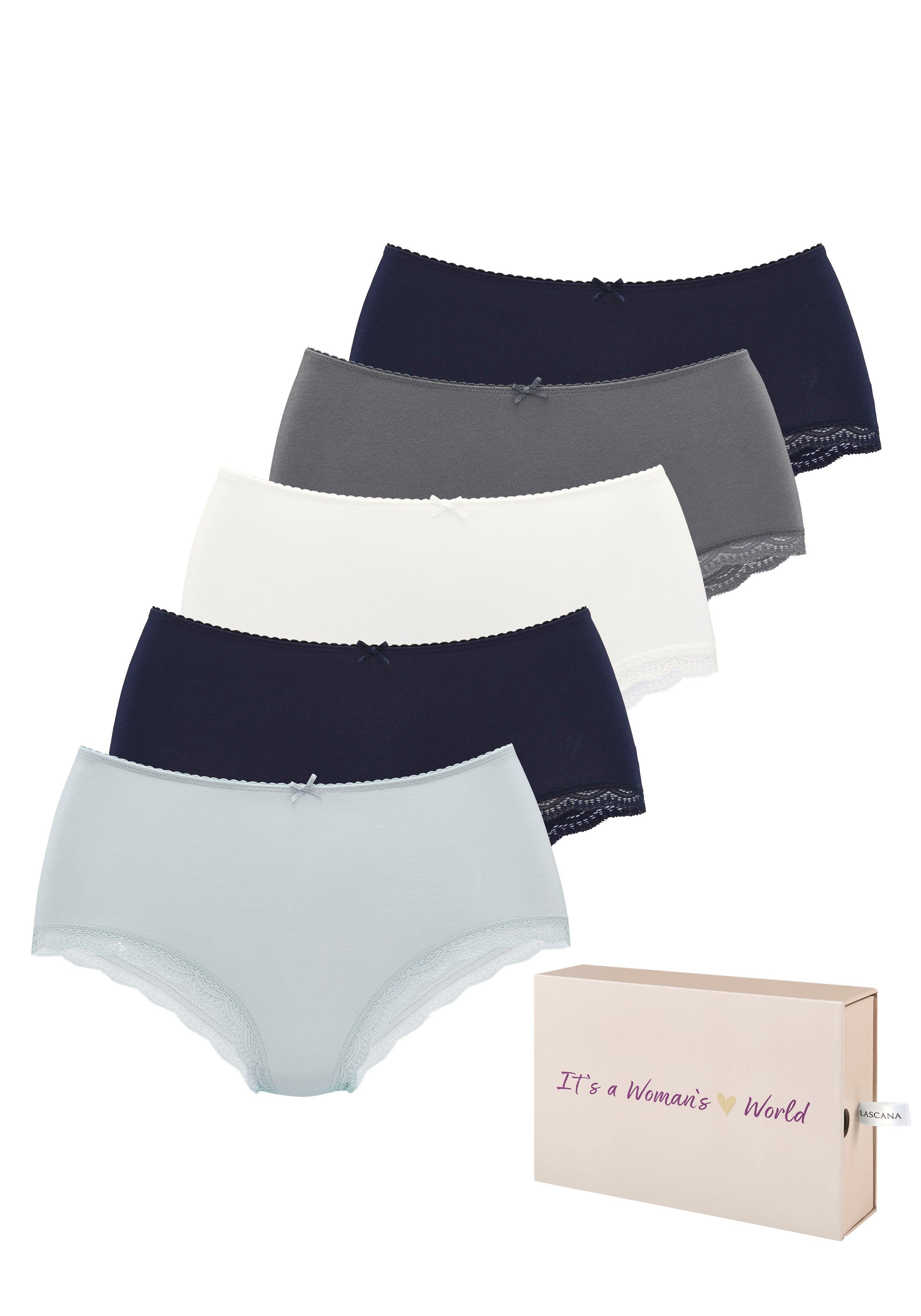 LASCANA Taillenslip (5er-Pack) aus elastischer Baumwolle mit zarter Spitze, mit Aufbewahrungsbox