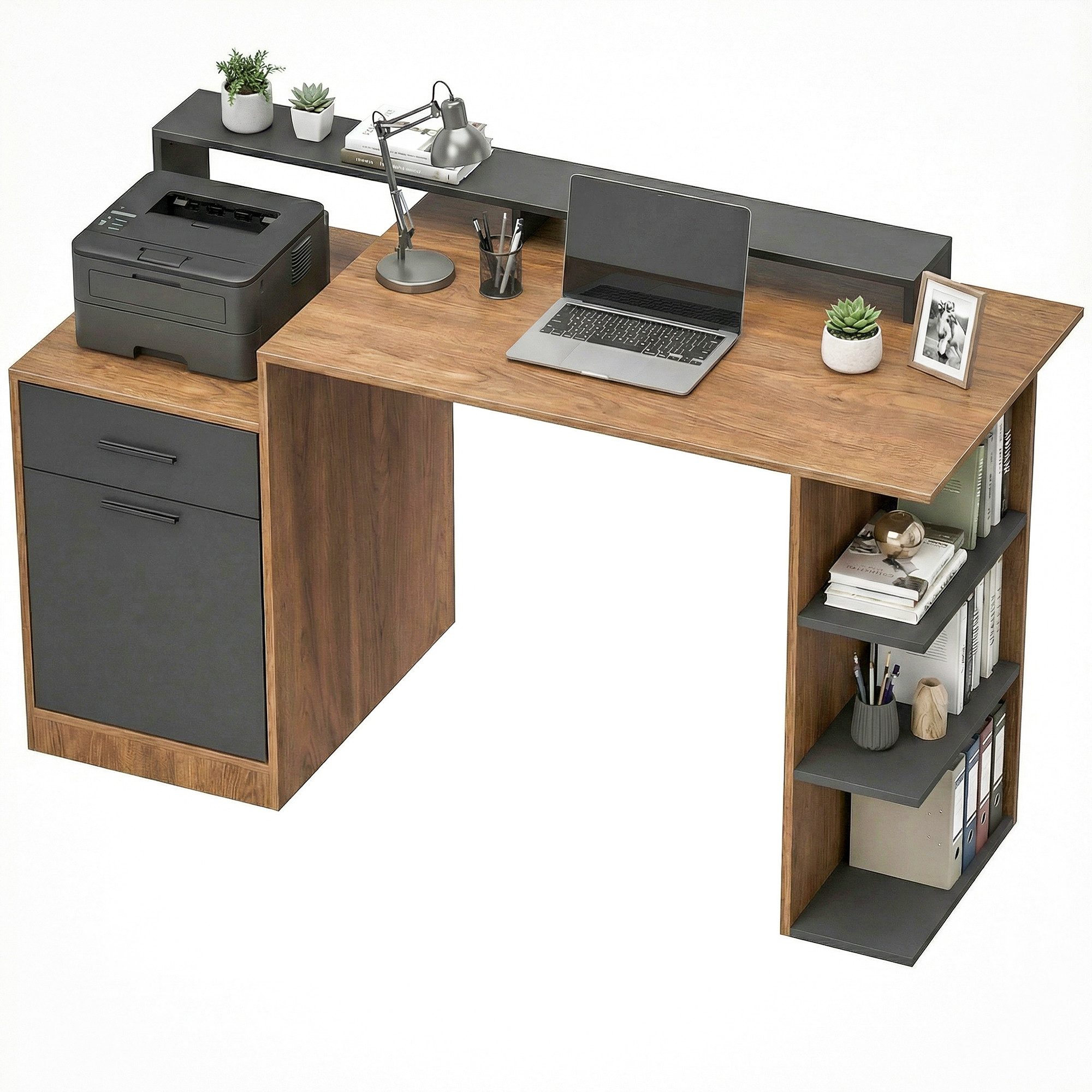 HOMCOM Schreibtisch PC Tisch für Home Office (Computertisch, 1-St., PC Tisch), mit Schublade, Schrank, Regalen