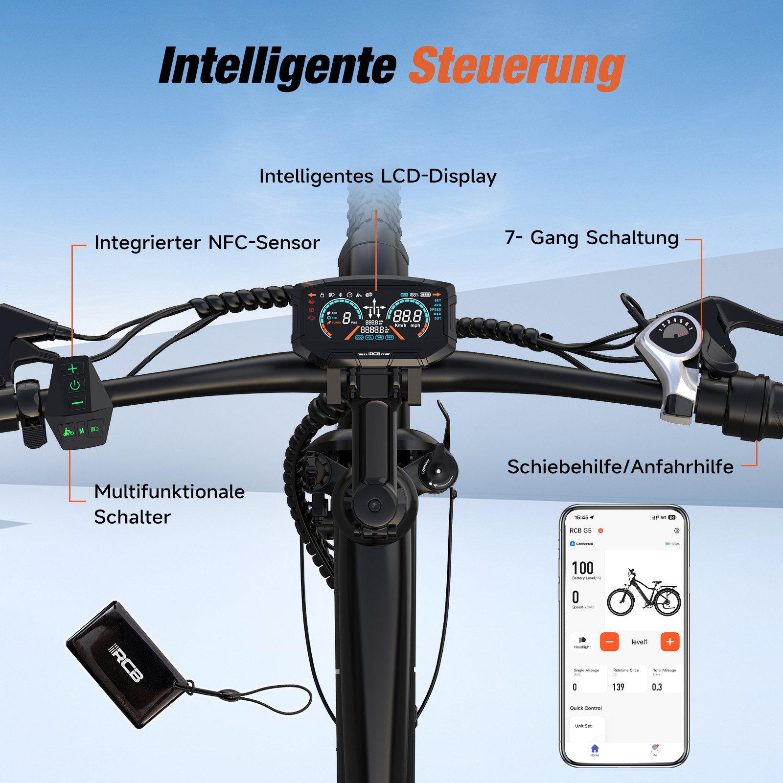 RCB E-Bike Pedelec G5 für Stadt und Gelände,27,5Zoll Herren Elektrofahrrad,13Ah,60-100 km, 7 Gang, Kettenschaltung, Heckmotor, 468 Wh, APP&NFC,ebike Herren,Gepäckträger hinten,max. Geschwindigkeit: 25 km/h