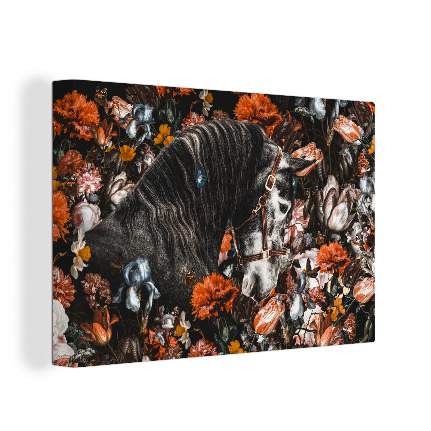 OneMillionCanvasses® Leinwandbild Pferd - Blumen - Halfter, (1 St), Wandbild Leinwandbilder, Aufhängefertig, Wanddeko, 30x20 cm