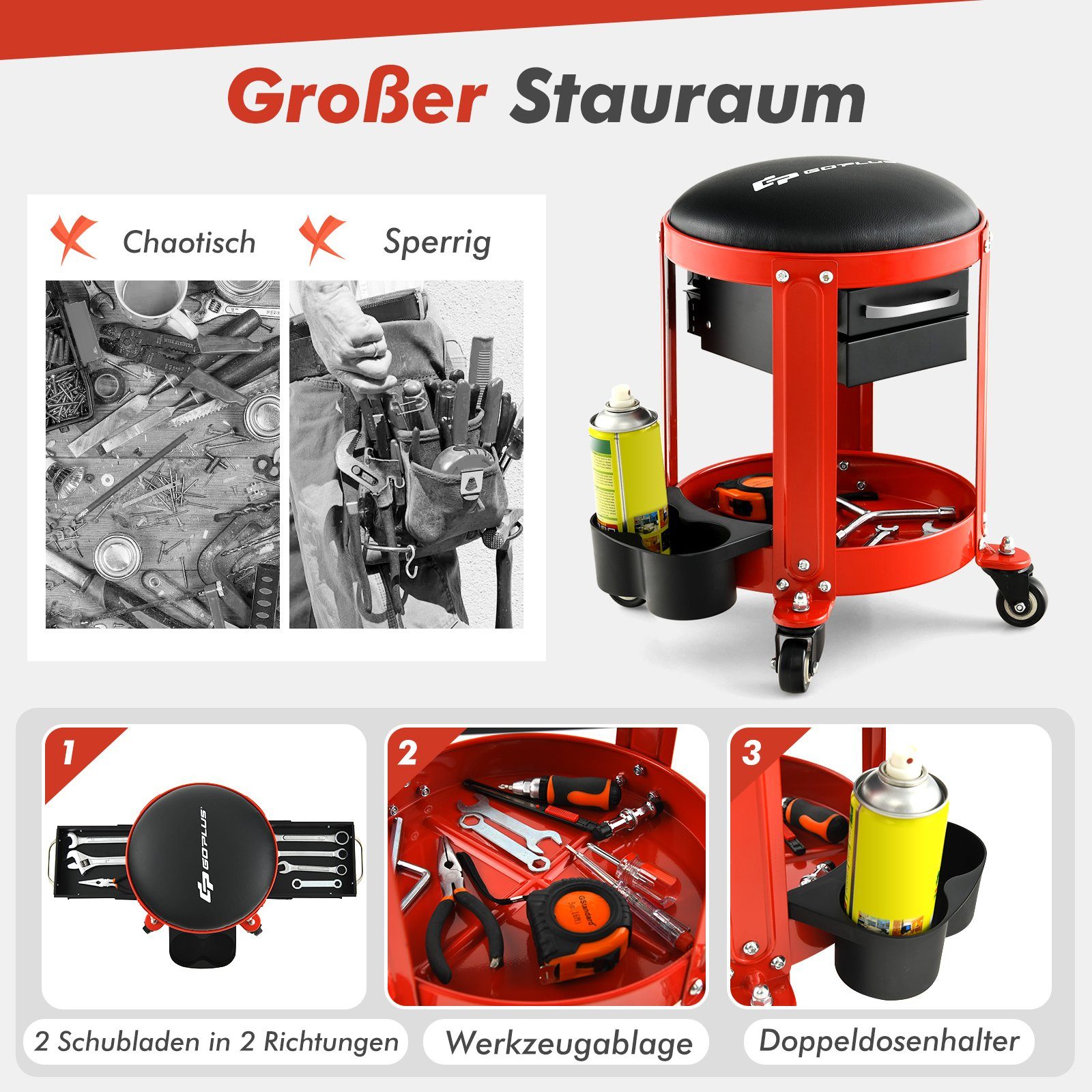 COSTWAY Werkstattwagen Werkstatthocker, mit 2 Schubladen, Ablage & Rollen