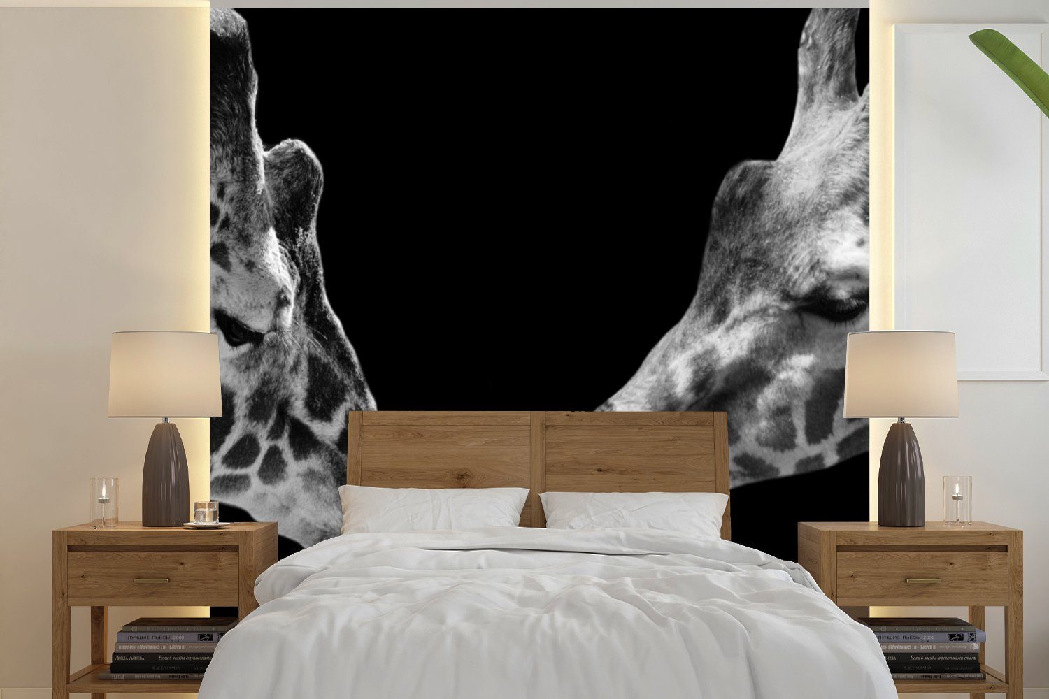 MuchoWow Fototapete Tiere - Schwarz - Giraffe - Weiß - Porträt, Matt, bedruckt, (4 St), Vliestapete für Wohnzimmer Schlafzimmer Küche, Fototapete