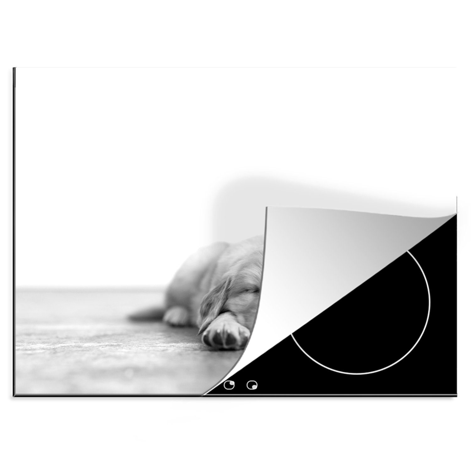 MuchoWow Herdblende-/Abdeckplatte Porträt eines schlafenden Welpen - schwarz und weiß, Vinyl, (1 tlg), 70x52 cm, Mobile Arbeitsfläche nutzbar, Ceranfeldabdeckung | Herdabdeckplatten