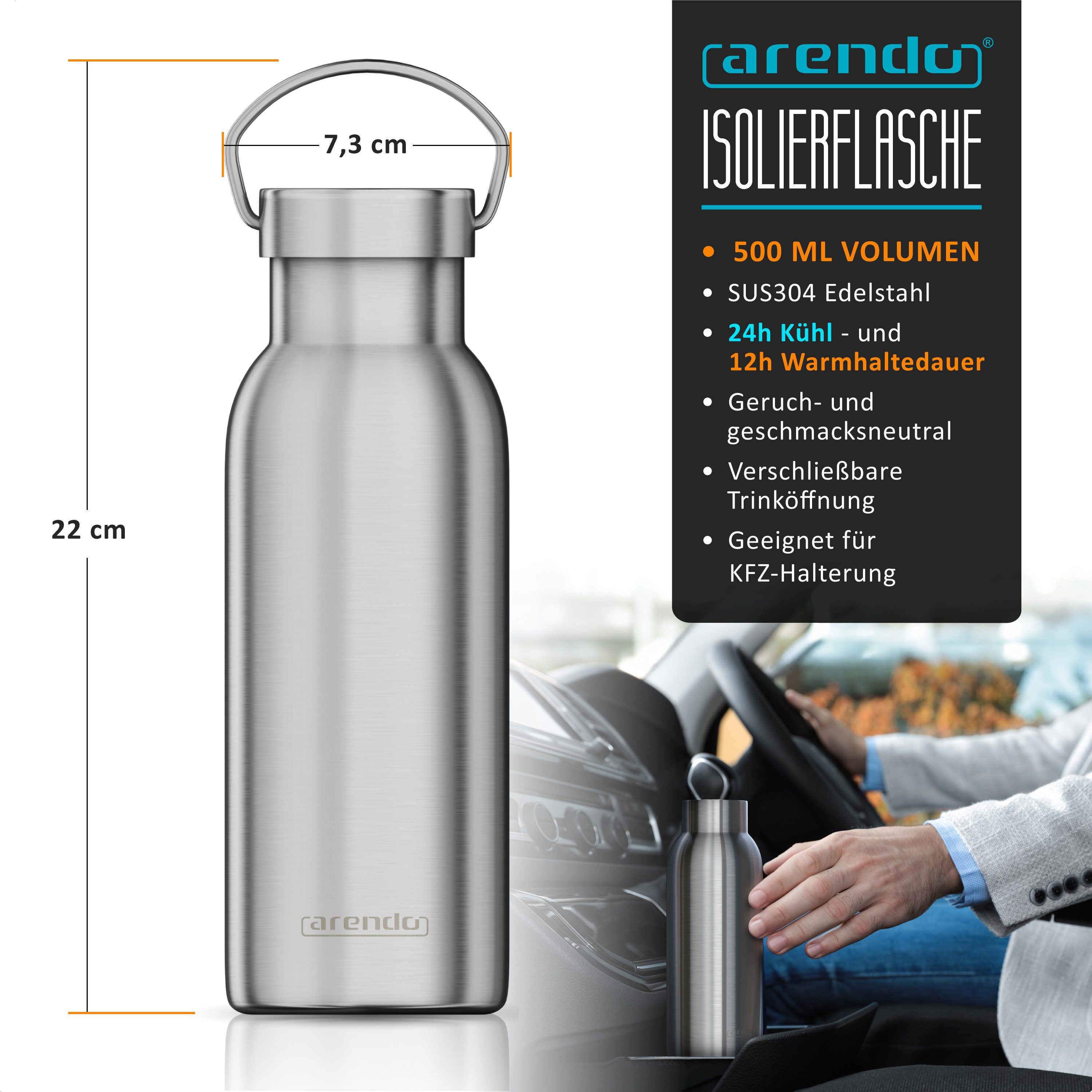 Arendo Isolierflasche Edelstahl Thermosflasche 500ml, doppelwandig, Griff an der Oberseite, Thermo Trinkflasche, BPA-frei, auslaufsicher, hält 24h kühl & 12h warm