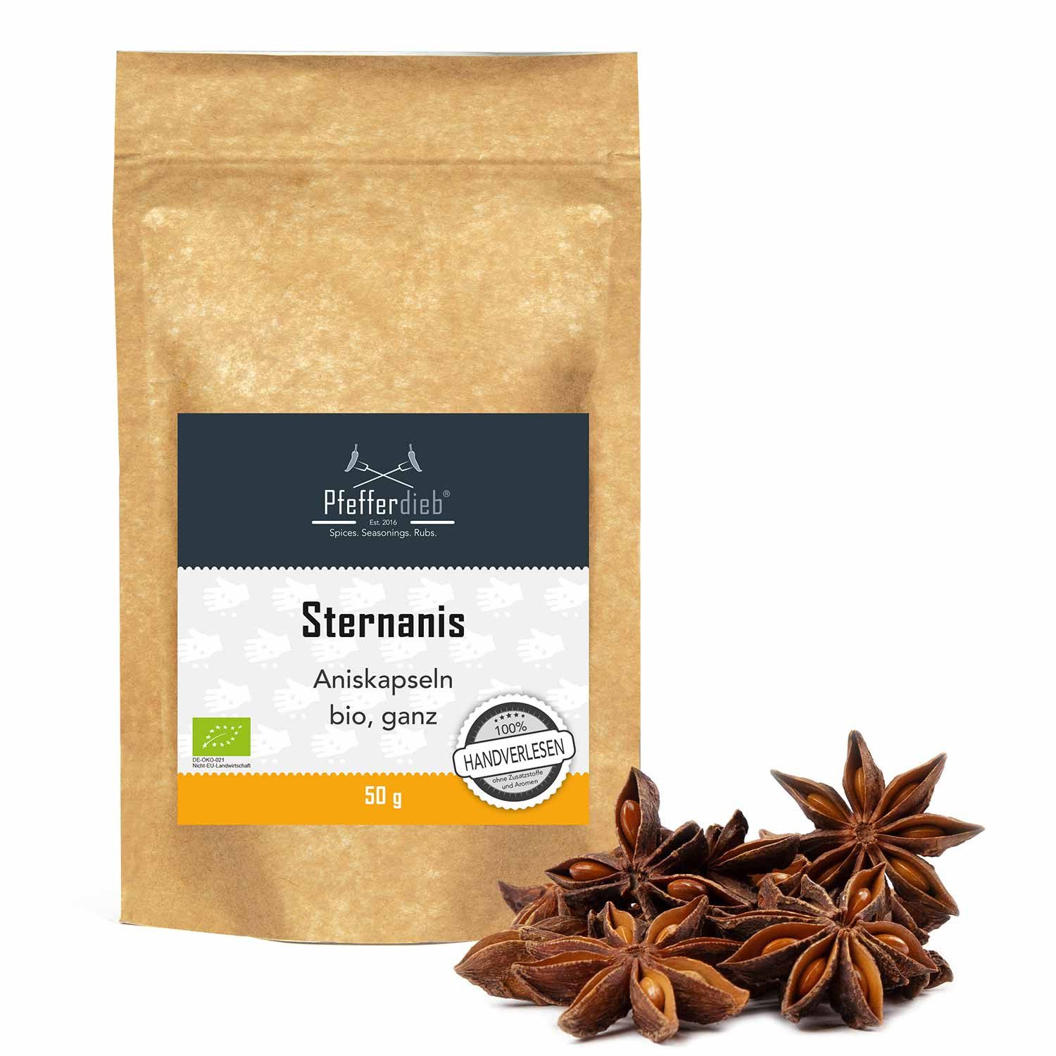 Pfefferdieb Gewürz Sternanis, Anis Kapseln ganz BIO, 50g, Süße, würzige Note mit angenehmer Schärfe, sehr aromatisch.