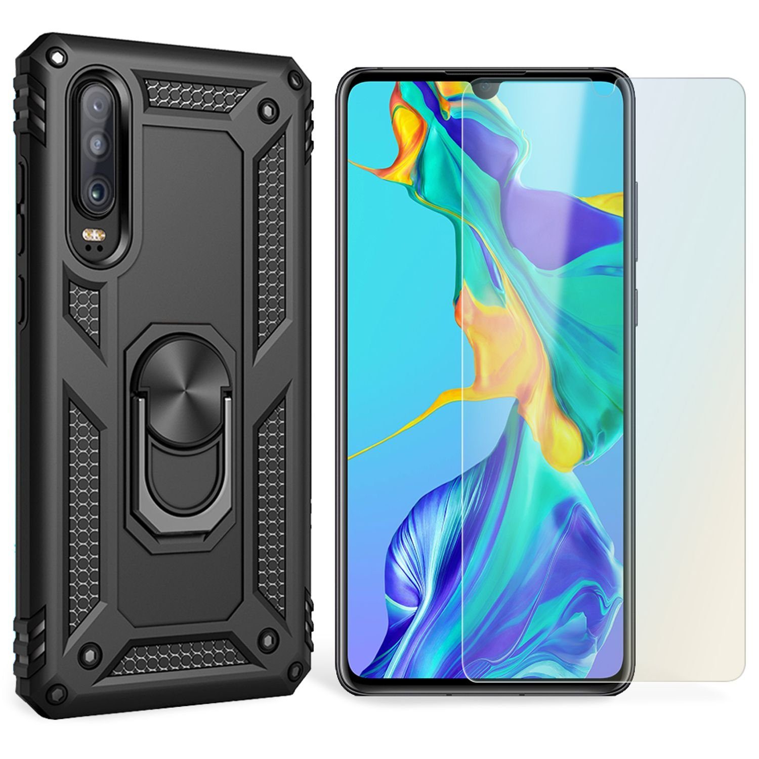 Nalia Smartphone-Hülle Huawei P30, Outdoor Military Style Hülle mit Ring / Extrem Schützend / Panzer Case