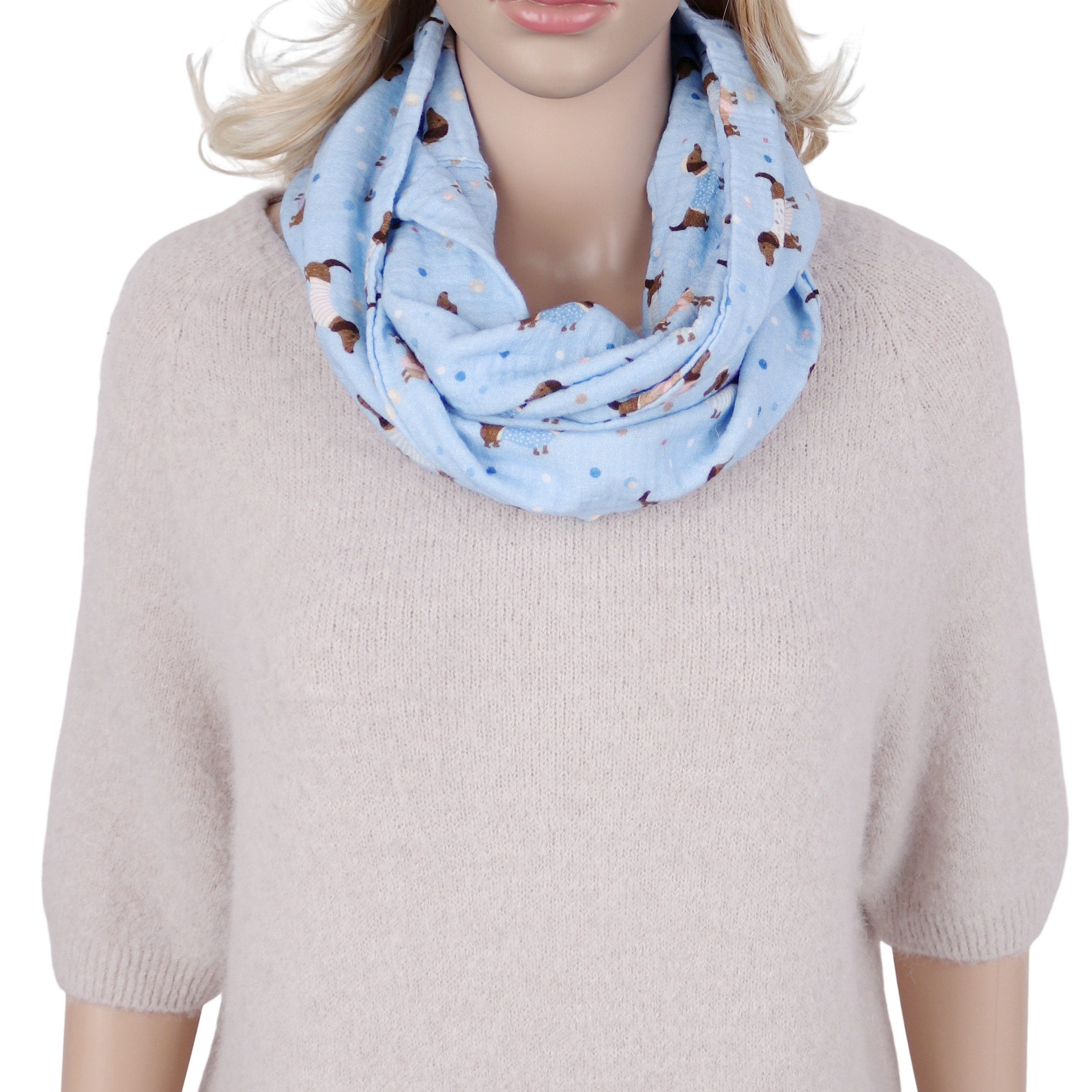 MIRROSI Loop Damen Schal aus Musellin, Made in Italy 70x20cm, Dackel, Schlauchschal, (Zweimal um den Hals wickelbar, ca.70x20cm), Damen Halstuch ideal für Frühling, Sommer oder Herbst