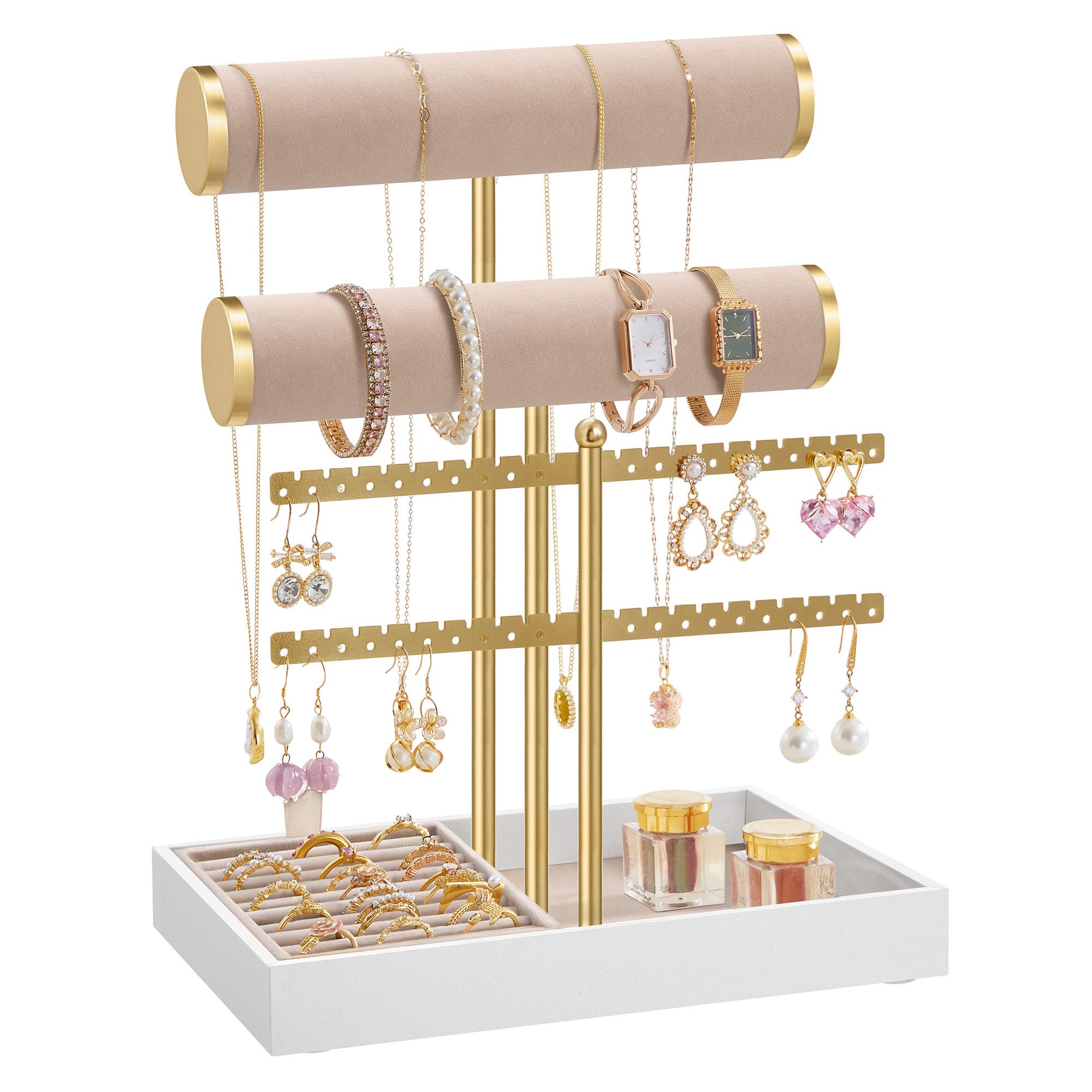 SONGMICS Schmuckständer Schmuckständer, 2 Armbandhalter, Ohrringhalterung, Schmuck-Organizer, mit Tablett aus Samt, abnehmbarer Ringhalter