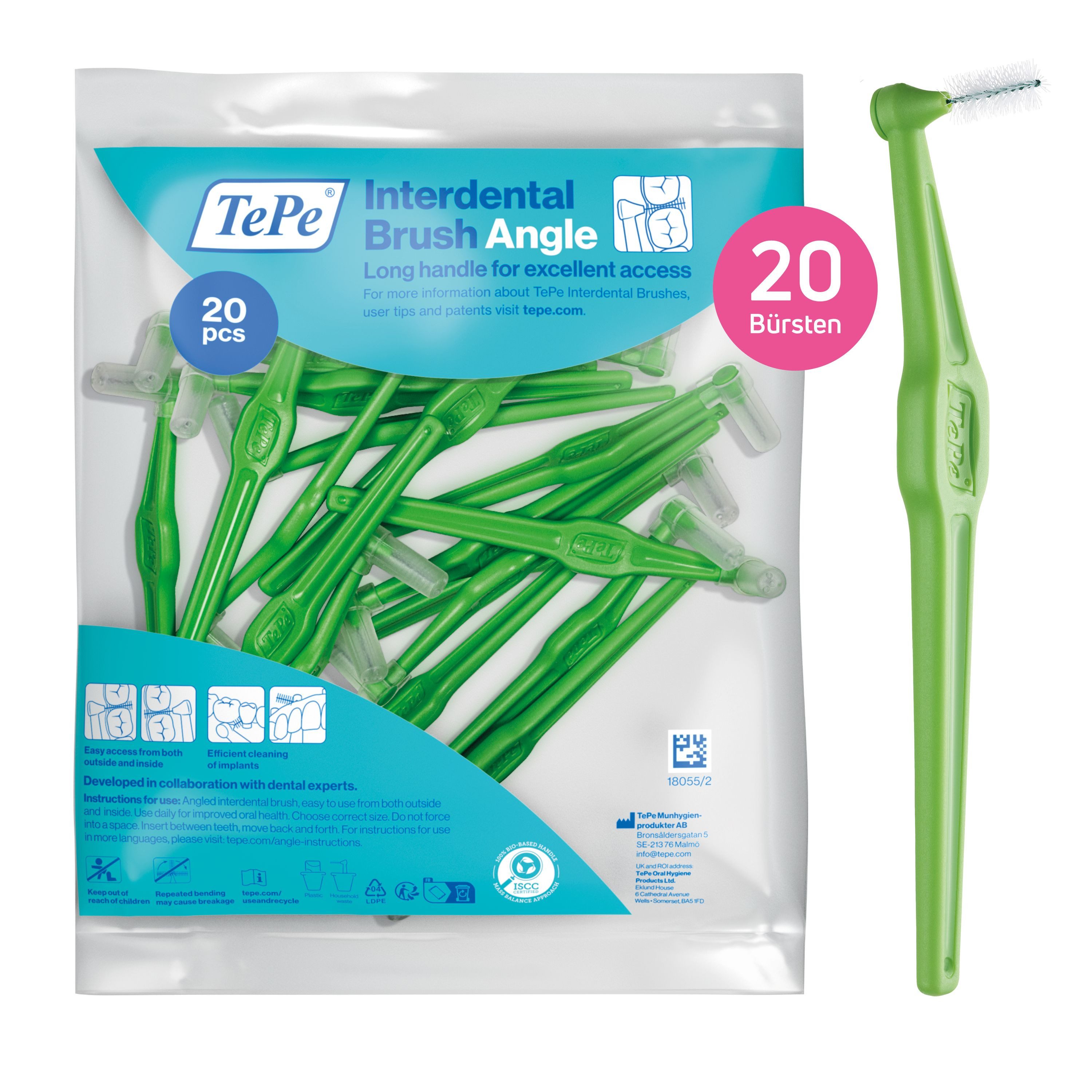TePe Interdentalbürsten Angle Grün 0,8 mm, ISO 5, 20-Pack, Langer, flacher Griff