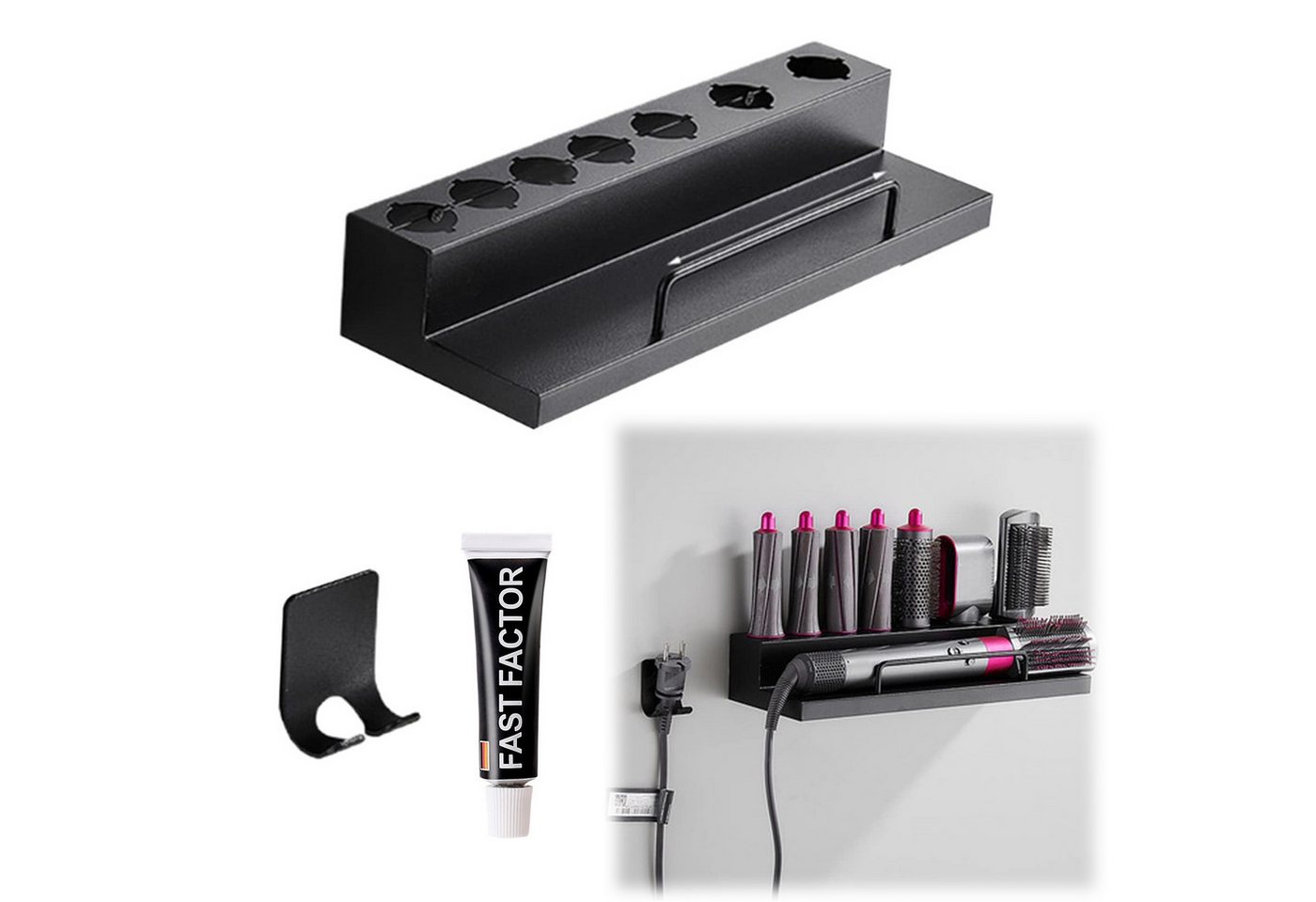 MOPUEA Haartrocknerhalter und Glätteisenhalter Multifunktionale Wandhalterung für Haarstylinggeräte,kein Bohren nötig, (Aufbewahrungsregal-Set für Lockenstab, Glätteisen und Zubehör, Enthält Wandhalterung, stark haftenden Kleber für Bad und Schlafzimmer,