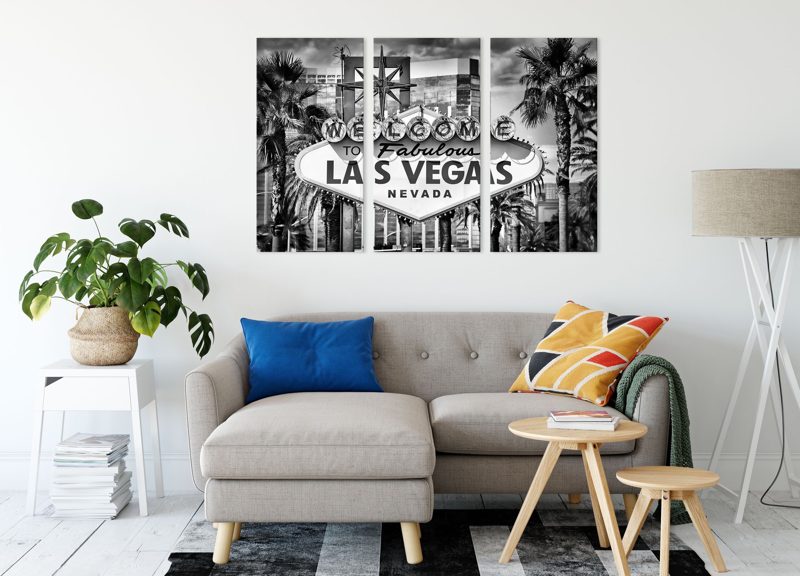 Las Pixxprint bespannt, Las St), Vegas inkl. (120x80cm) Ortseingangsschild, Ortseingangsschild (1 Zackenaufhänger fertig Leinwandbild 3Teiler Vegas Leinwandbild