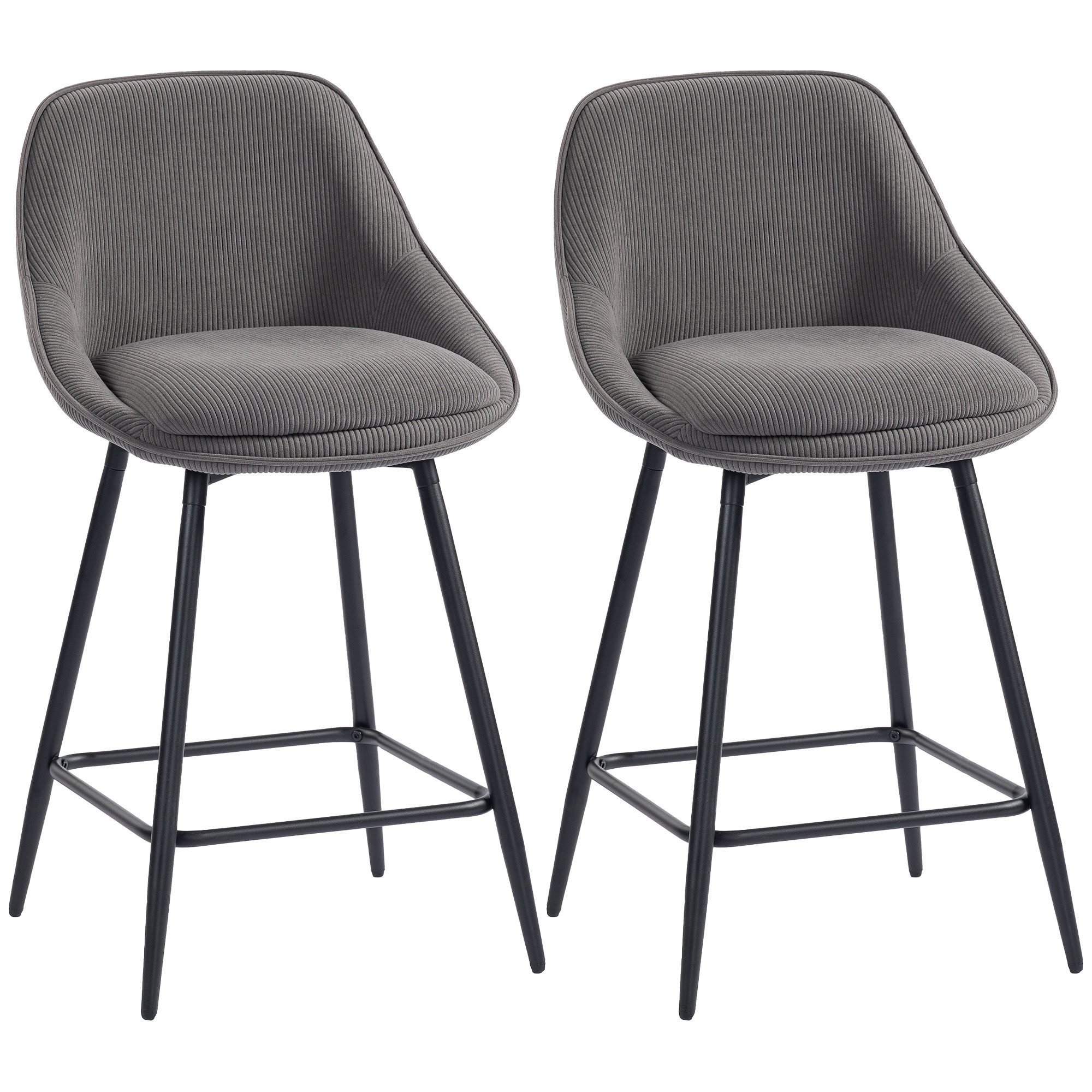 HOMCOM Barhocker Drehbar Tresenhocker mit Fußstütze, Rückenlehne, Kord-Optik (Bistrohocker, 2 St., Barstuhl), für Esszimmer, Grau – Bild 2 von 5