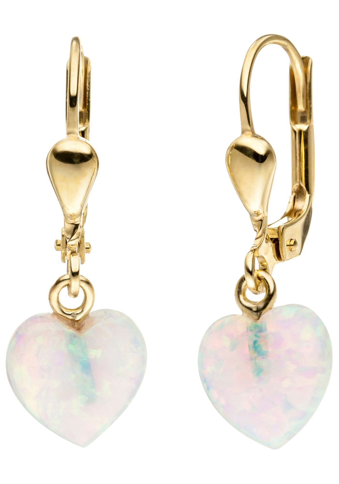 JOBO Paar Ohrhänger, Herz 333 Gold mit synthetischen Opalen