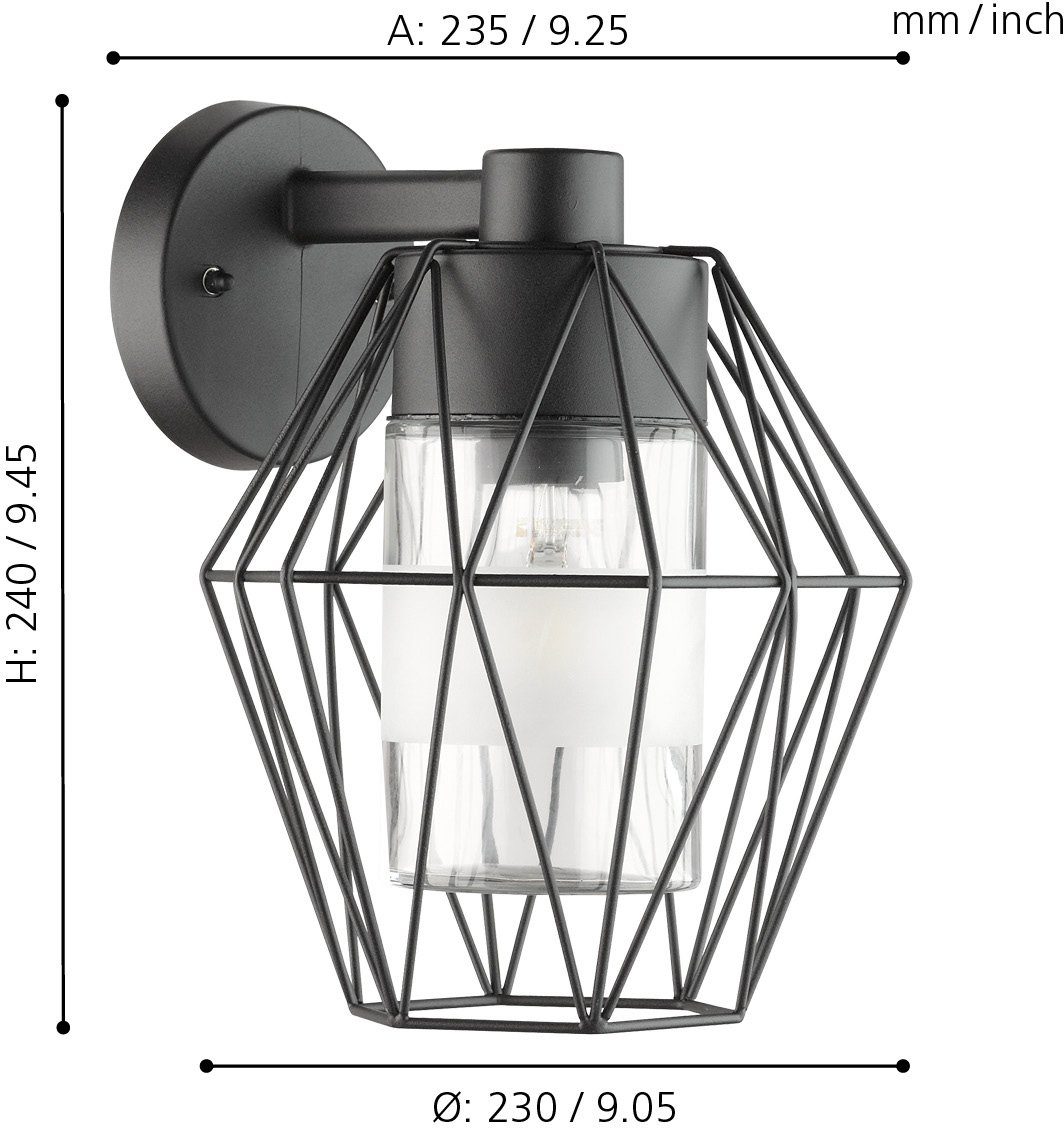 EGLO Wandleuchte CANOVE Wandlampe, Stahl und Glas, E27, IP55, Außenlampe, Garten, Lampe, ohne Leuchtmittel, Wand-/Deckenleuchte, L23 x H24 x AL23,5 cm, schwarz, 1X60W exkl.