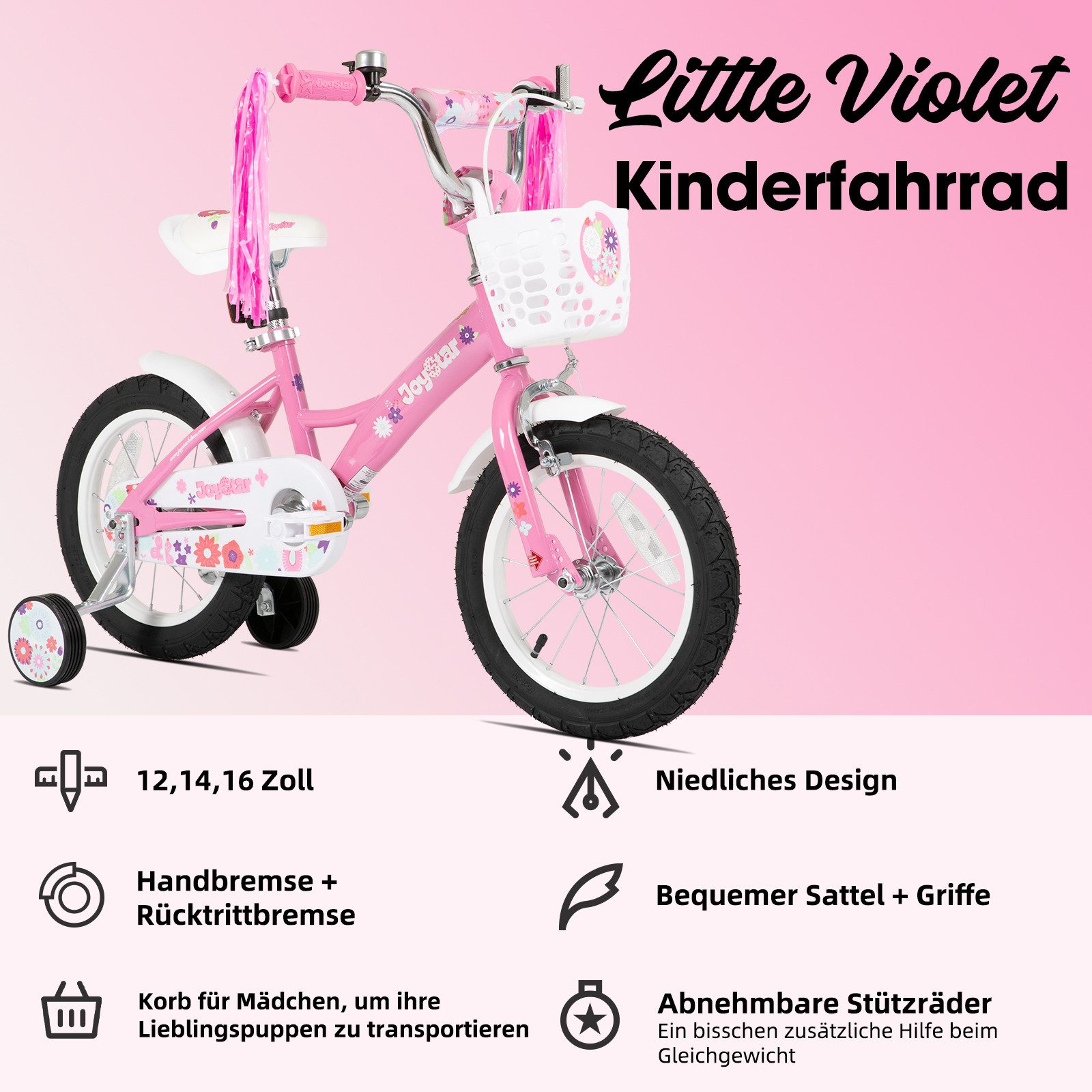 JOYSTAR Kinderfahrrad 12/14/16 Zoll Fahrräder für Mädchen im Alter von 2-7 Jahren, Mit Puppensitz, Bändern, Stützrädern, Korb, süßen Kritzeleien