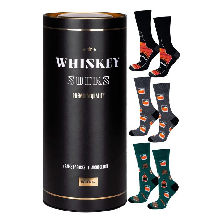 Soxo Socken Bunte Socken Herren (Dose 3-Paar Set) Lustige Geschenke Für Männer Whisky Geschenkset 40-45EU