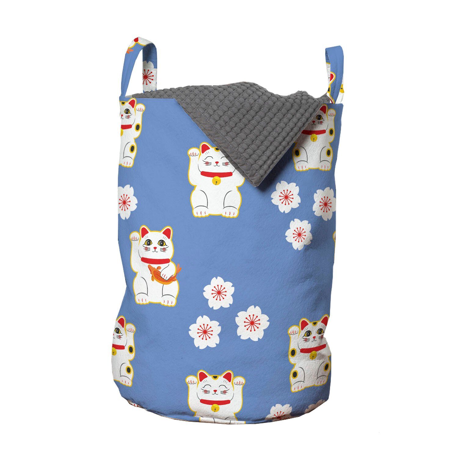 Wäschekorb mit Süße Waschsalons, Wäschesäckchen Griffen Neko-Katzen-Muster Kordelzugverschluss Maneki Abakuhaus Katze für