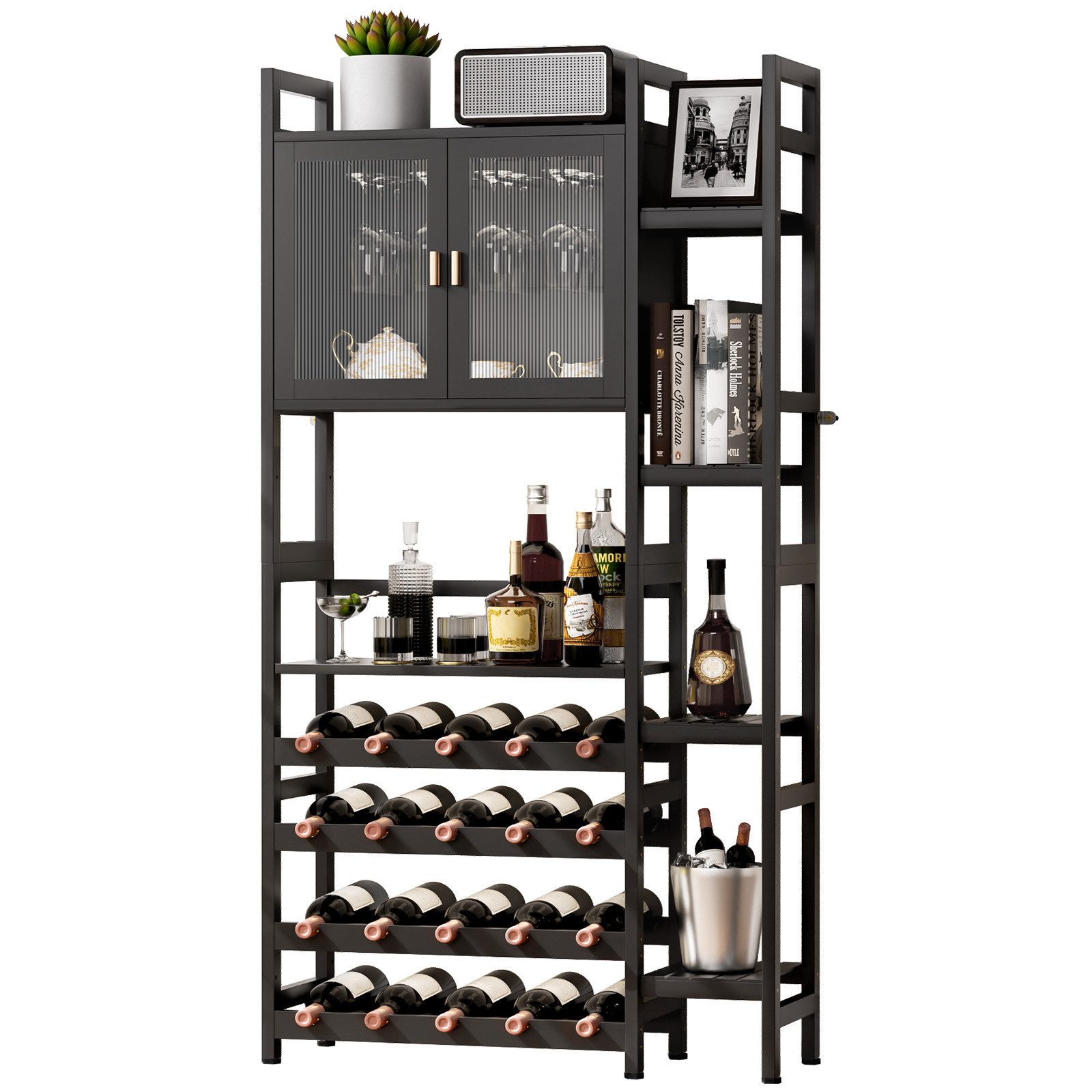 Yorbay Weinregal Freistehender Bodenständer in Schwarz mit Glastüren 4-Etag günstig online kaufen