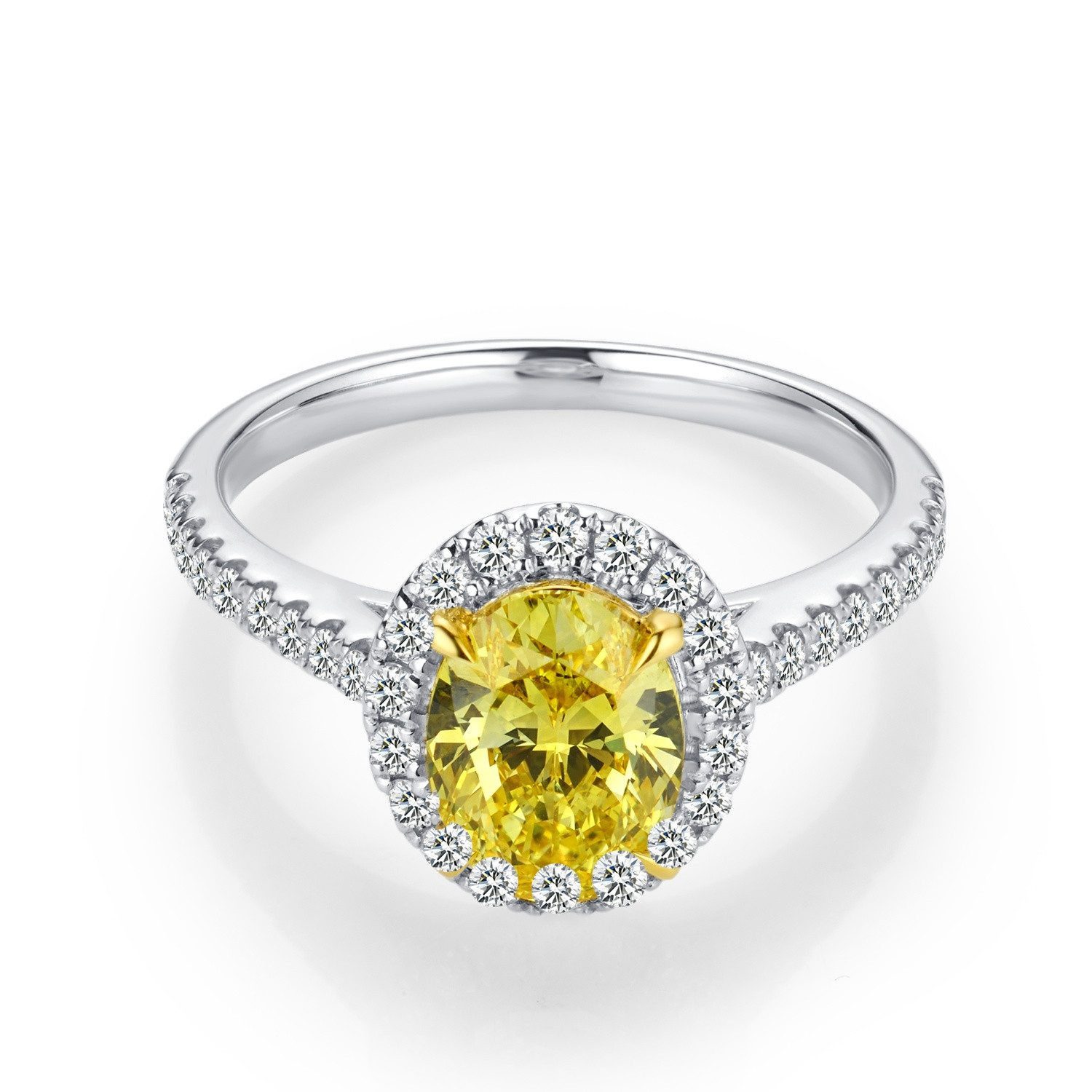 Sternvoll Diamantring Fancy Yellow Oval Diamant-Ring IGI-zertifiziert Bicolor 18K, Fancy Yellow, Halo, Ovalschliff, Bicolor, IGI-zertifiziert
