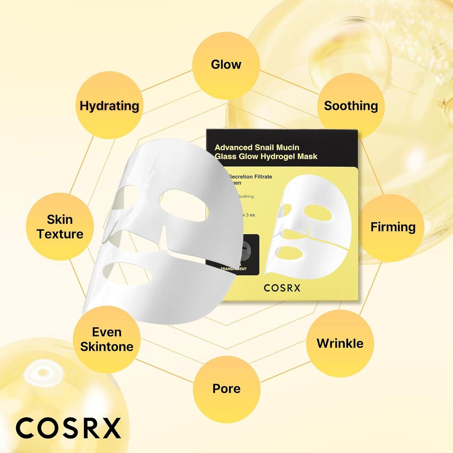 Cosrx Gesichtsmasken-Set Advanced Snail Mucin Glass Glow Hydrogel Mask – Intensiv hydratisierende Gesichtsmaske – 3er-Set (34 g), Tiefenwirksame Feuchtigkeit, Glass Skin-Finish, Anti-Aging