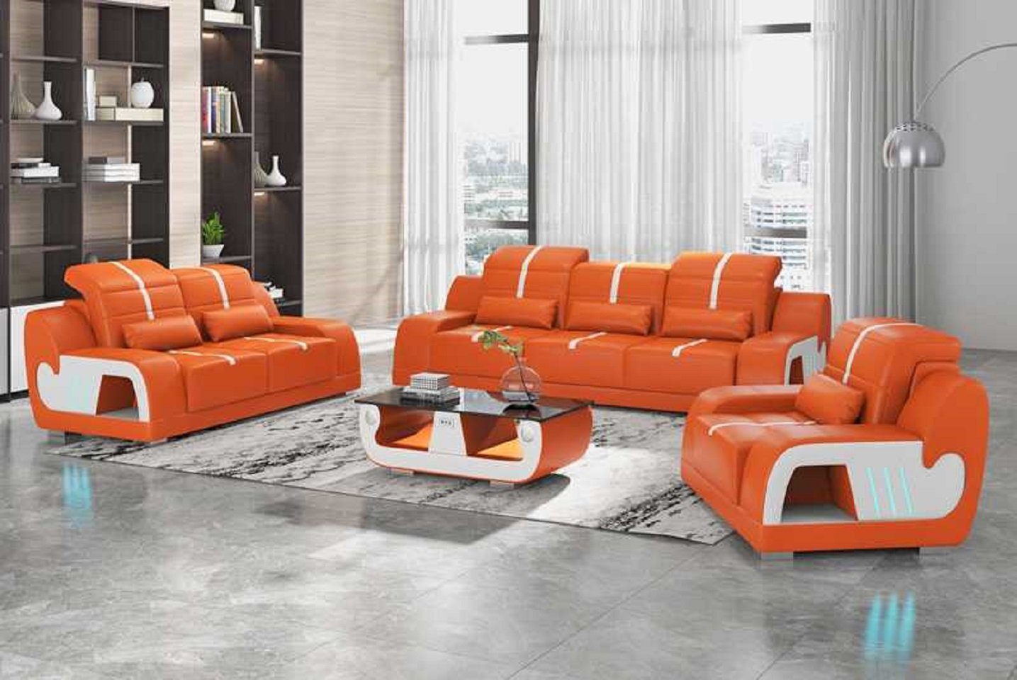 JVmoebel Wohnzimmer-Set Luxus Couchgarnitur Sofagarnitur Komplette Kunstleder Sofa 321, (3-St., Nur Sofa 2+3 Sitzer + Sessel), Made in Europe Orange