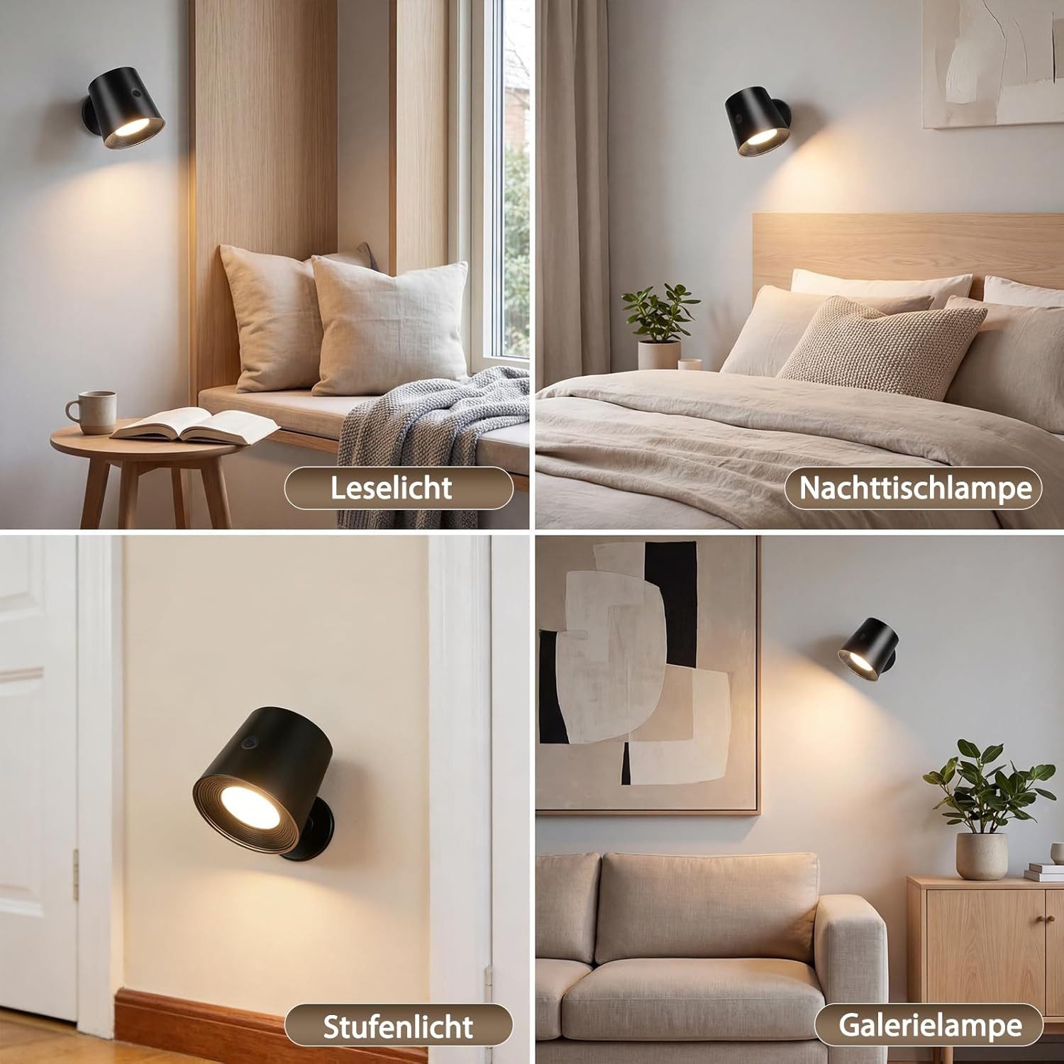 ZMH LED Wandleuchte Leselampe Schwarz Akku 360° Drehbar Touch Control 3 Helligkeitsstufen, Mit Fernbedienung Augenschutz, LED fest integriert, 3000-6500K, USB-Ladefunktion, Wohnzimmer