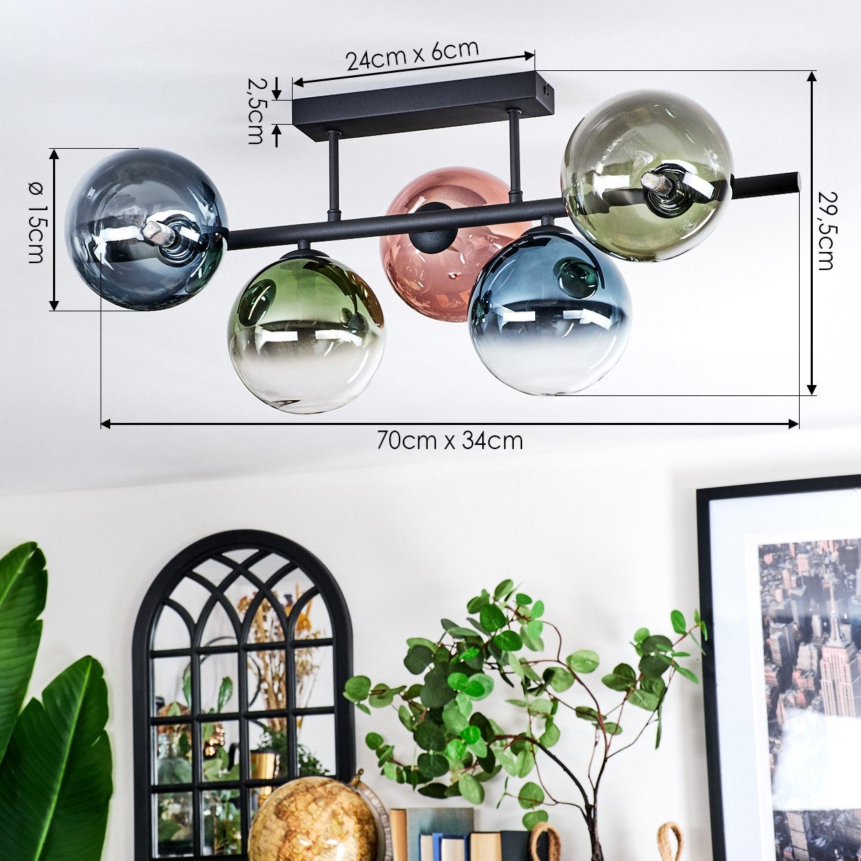 hofstein Deckenleuchte Deckenlampe aus Metall/Glas in Schwarz/Blau/Grün/Kupferfarben/Klar, Deckenleuchte im Retro/Vintage-Design (Schirme Ø 15 cm), 5 x G9