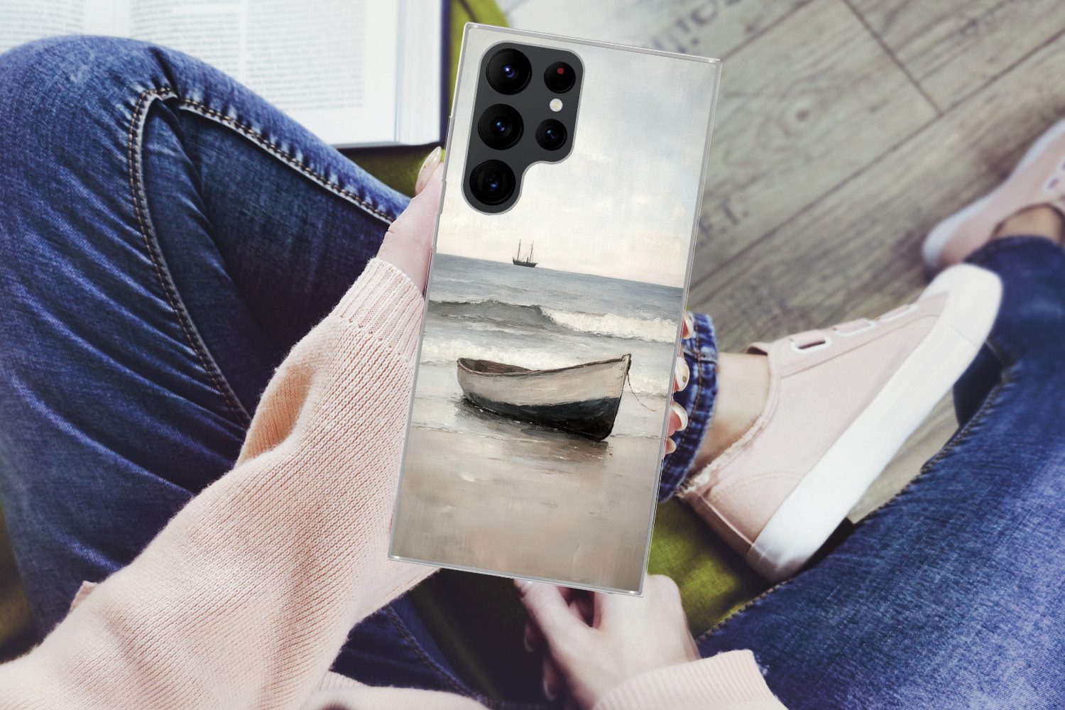 MuchoWow Handyhülle für Samsung Galaxy S22 Ultra Ruderboot - Meer - Horizont, Phone Case, Silikon, Schutzhülle Dünn