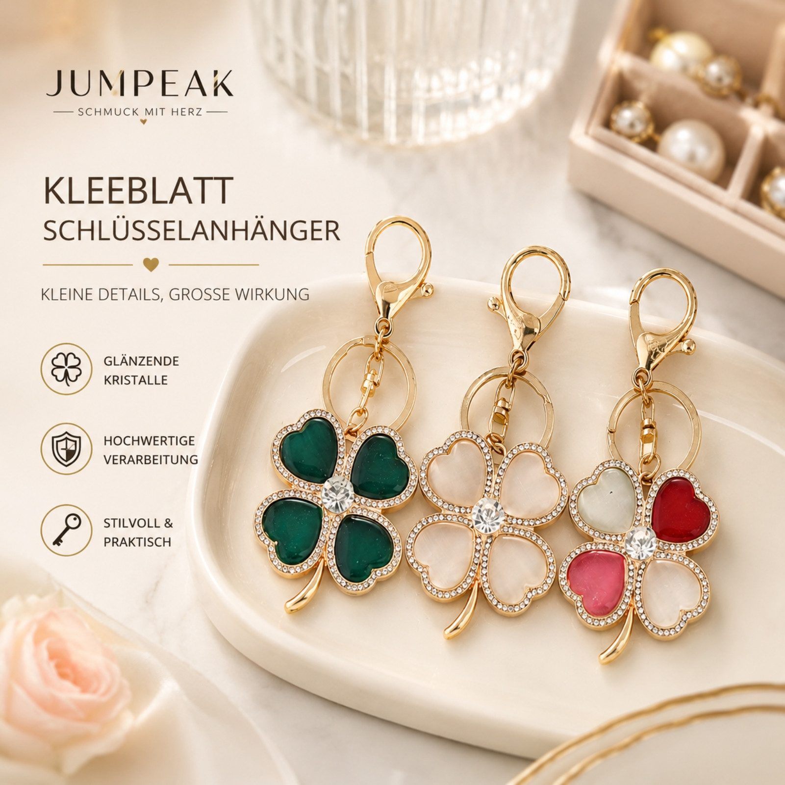 Jumpeak Schlüsselanhänger Vierblatt Schlüsselanhänger,Zinklegierung,3 Farben,lucky charm, Auto Schlüsselanhänger,aesthetic,Emaille,Glücksbringer,Geschenkidee